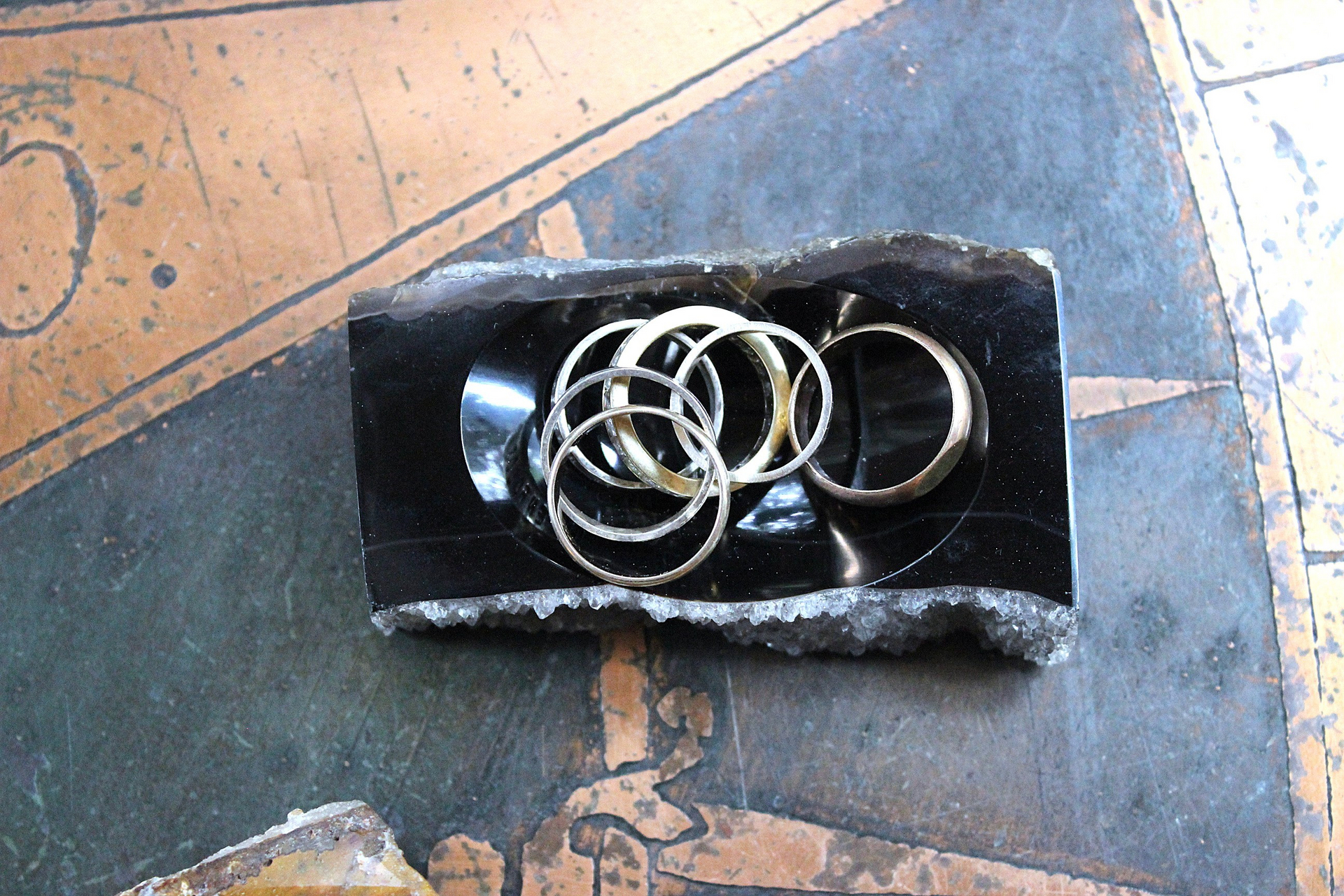 NEW!  Set of Unique Amethyst Slice and Black Agate with Druzy Trinket Dishes