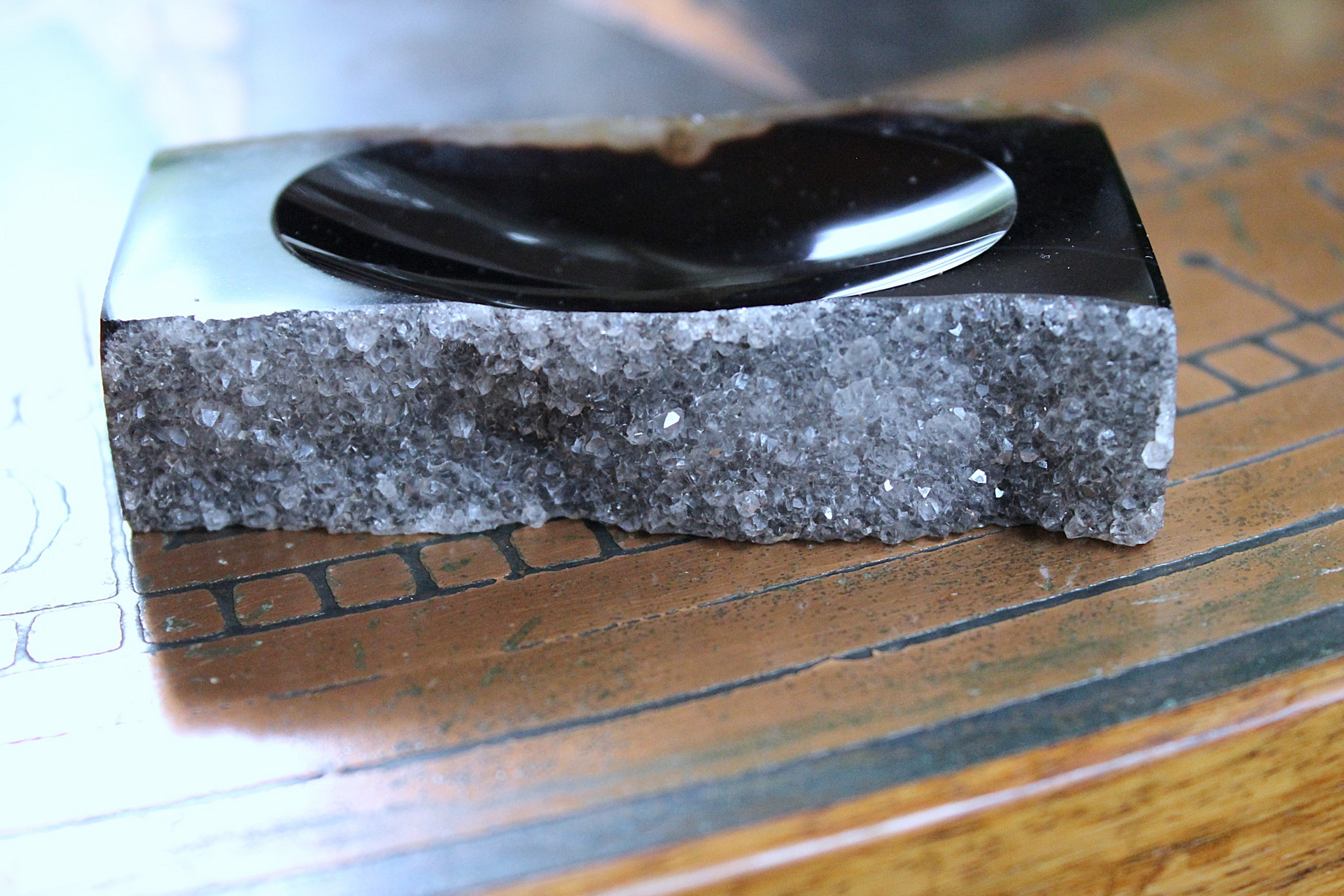 NEW!  Set of Unique Amethyst Slice and Black Agate with Druzy Trinket Dishes