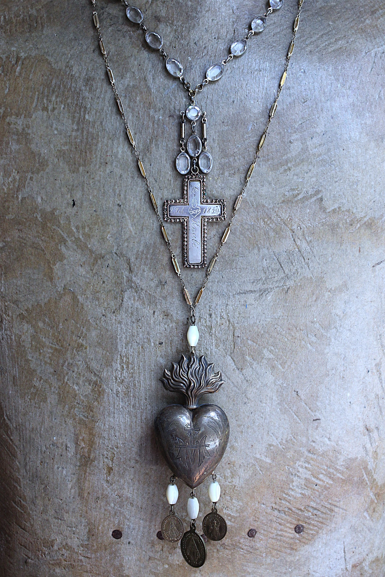 NEW! Antique French Sterling & Gold Engraved Flaming Sacred Heart Nun's Cross Necklace with Faceted Oval Bezel Set Crystals and Antique Link Chain