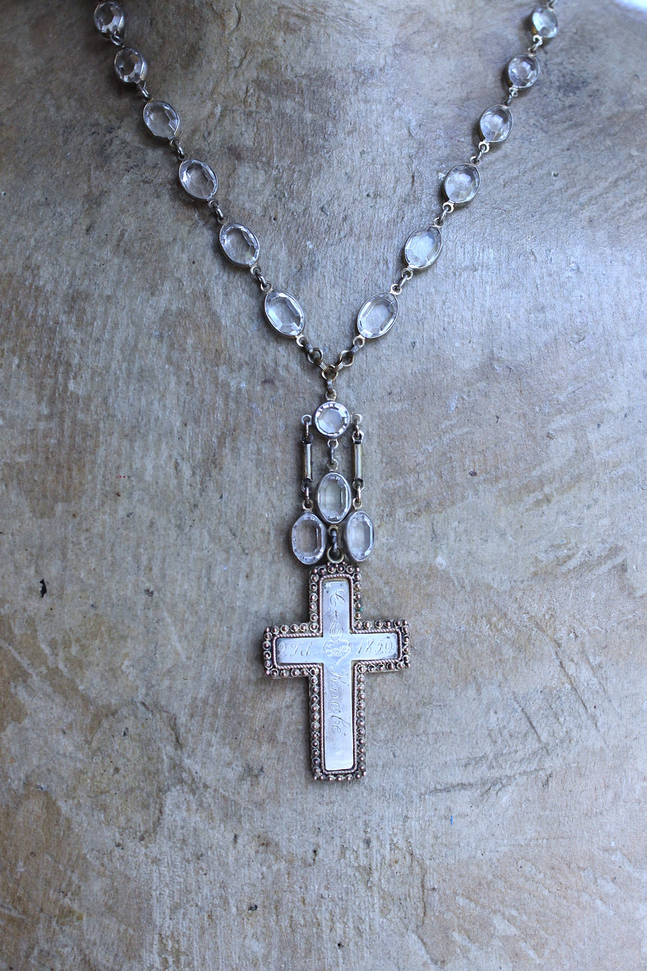 NEW! Antique French Sterling & Gold Engraved Flaming Sacred Heart Nun's Cross Necklace with Faceted Oval Bezel Set Crystals and Antique Link Chain
