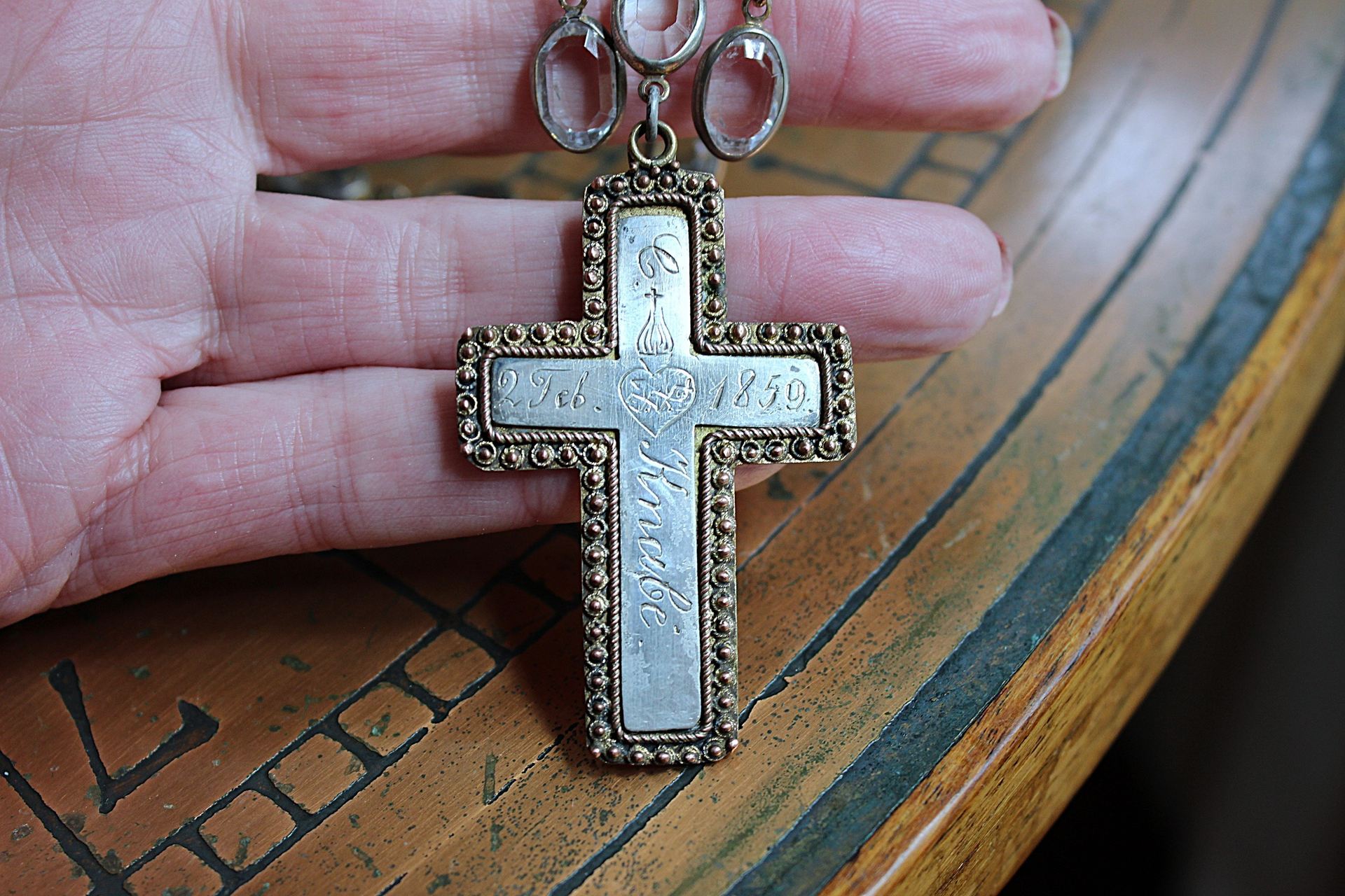 NEW! Antique French Sterling & Gold Engraved Flaming Sacred Heart Nun's Cross Necklace with Faceted Oval Bezel Set Crystals and Antique Link Chain