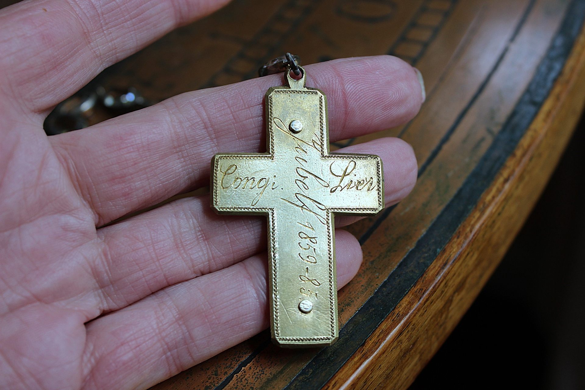 NEW! Antique French Sterling & Gold Engraved Flaming Sacred Heart Nun's Cross Necklace with Faceted Oval Bezel Set Crystals and Antique Link Chain