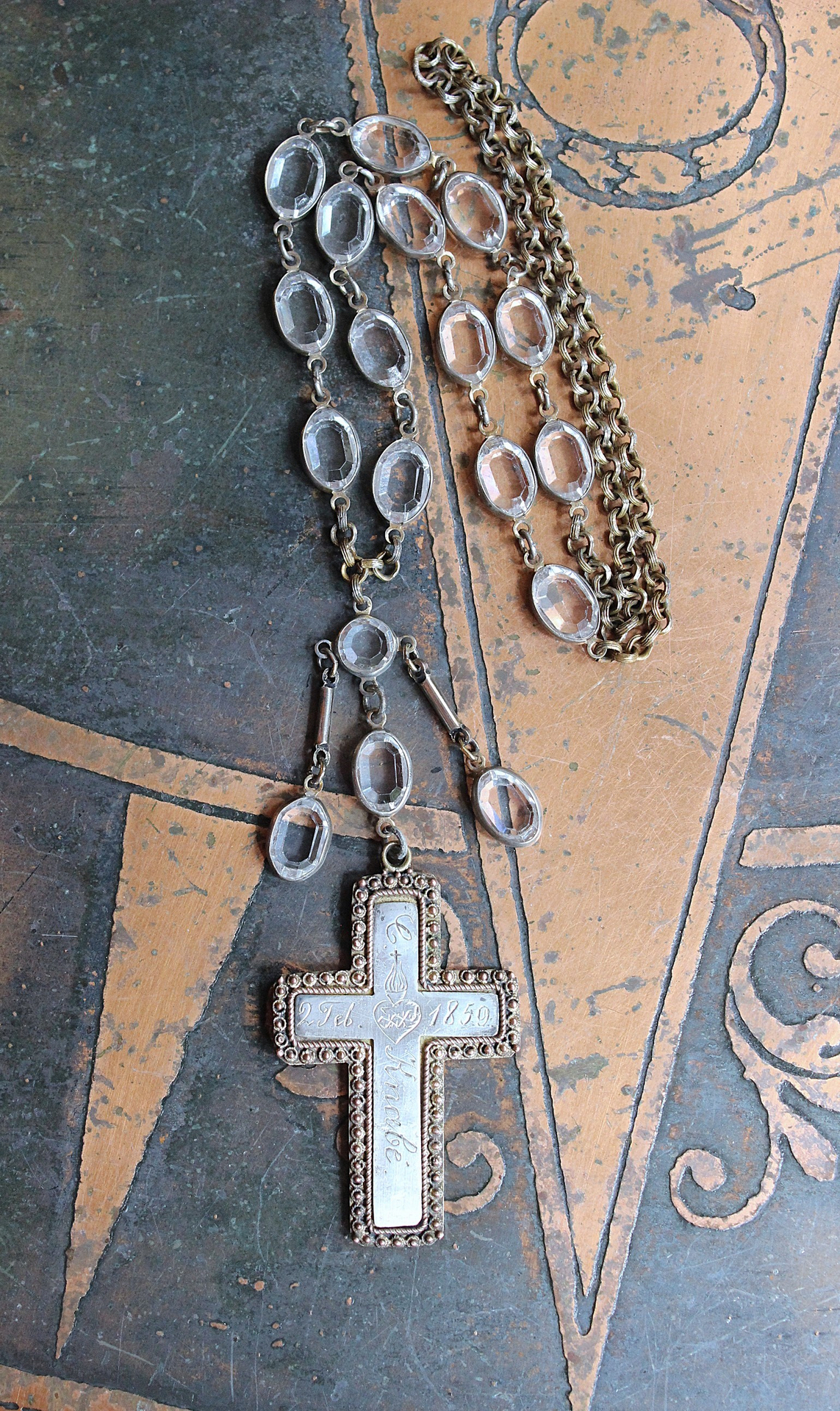 NEW! Antique French Sterling & Gold Engraved Flaming Sacred Heart Nun's Cross Necklace with Faceted Oval Bezel Set Crystals and Antique Link Chain