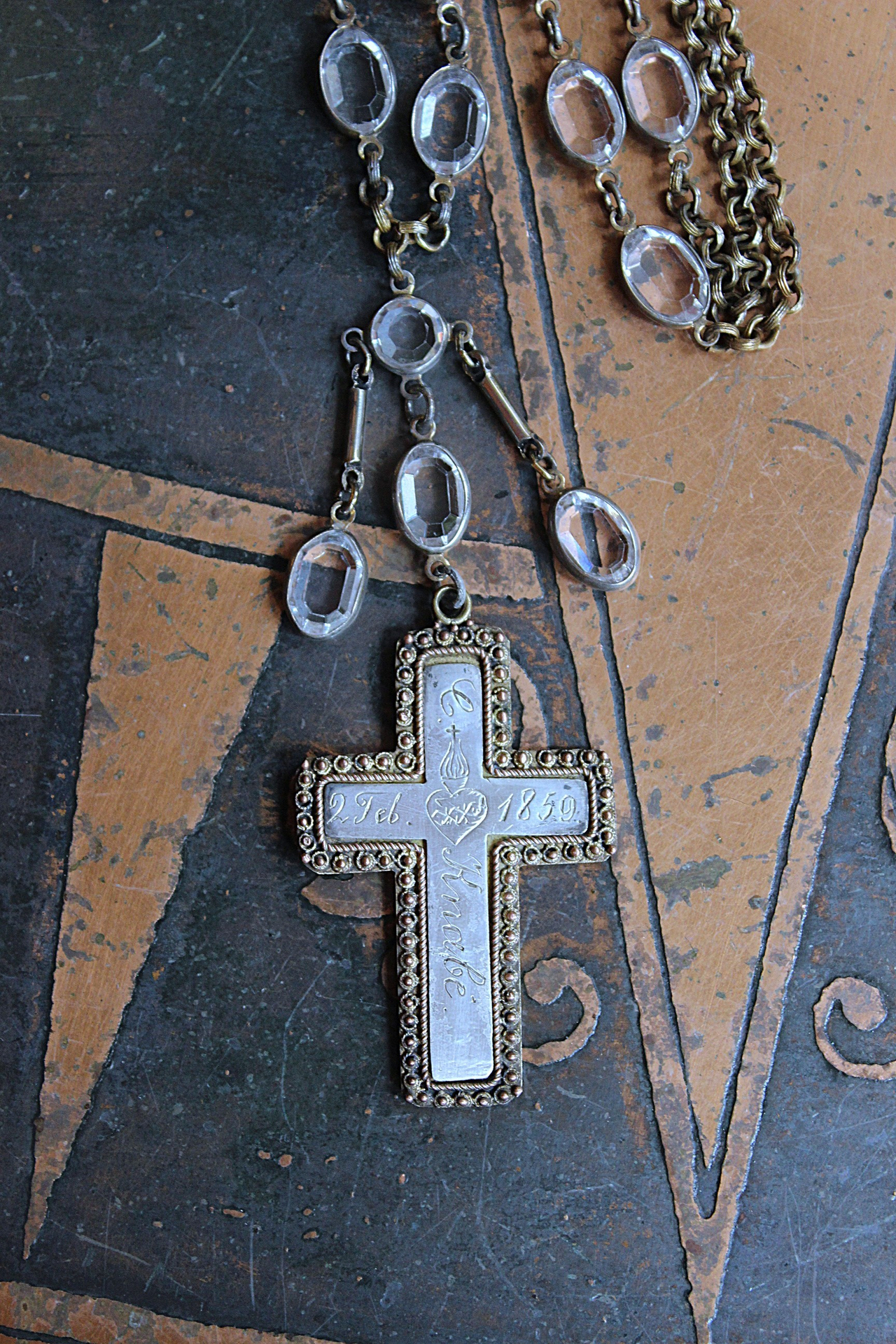 NEW! Antique French Sterling & Gold Engraved Flaming Sacred Heart Nun's Cross Necklace with Faceted Oval Bezel Set Crystals and Antique Link Chain