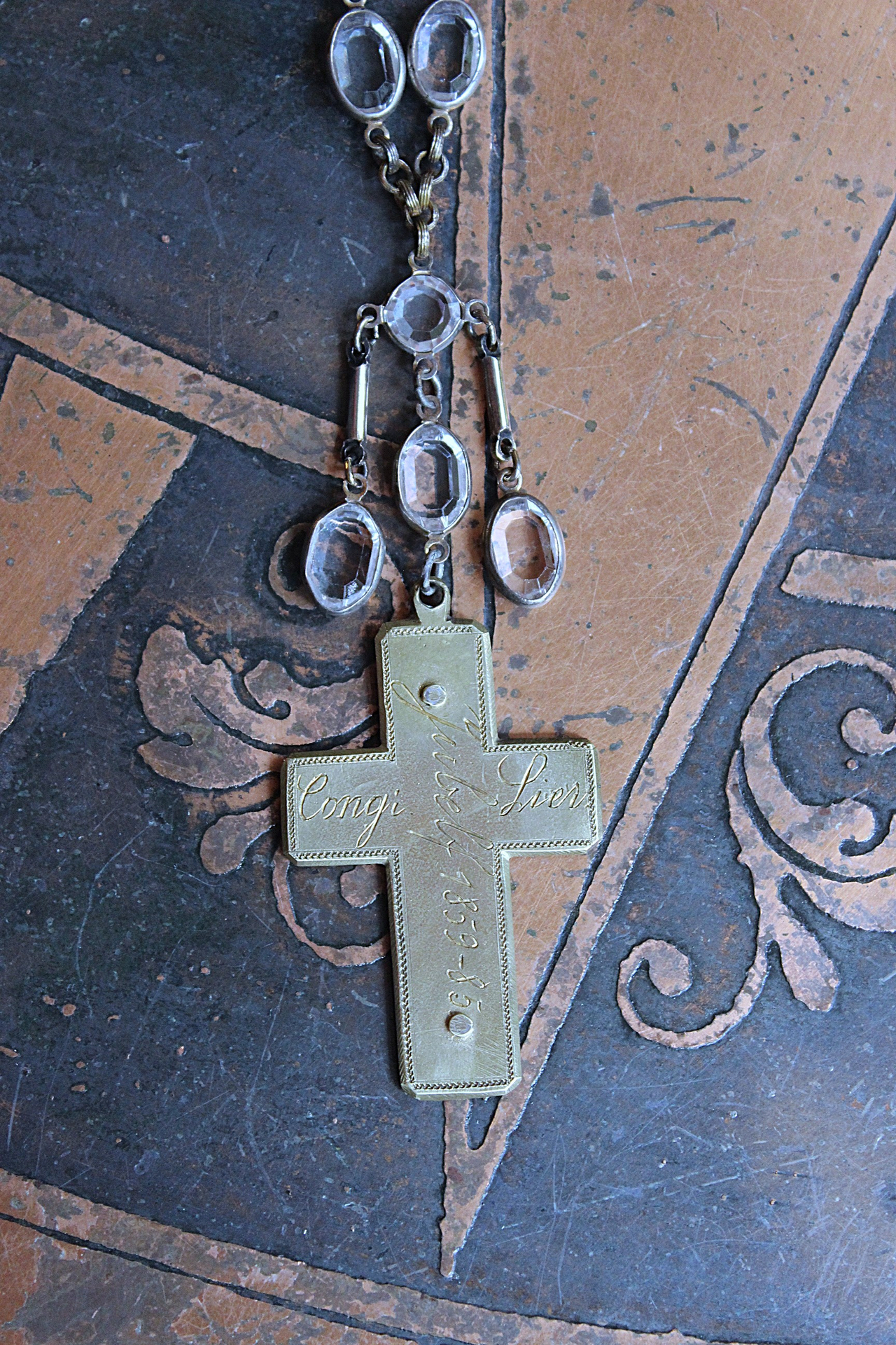 NEW! Antique French Sterling & Gold Engraved Flaming Sacred Heart Nun's Cross Necklace with Faceted Oval Bezel Set Crystals and Antique Link Chain