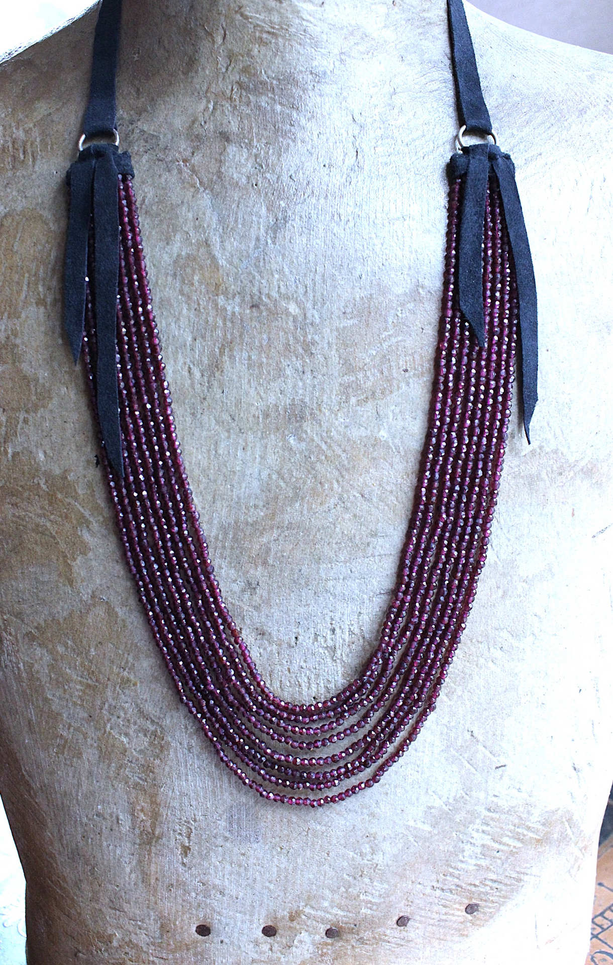 SOLD to J  8 Strand Tiny Faceted Dark Pink Tourmaline Gemstone Bead Necklace with Butter Soft Black Suede Leather Ties and Caps