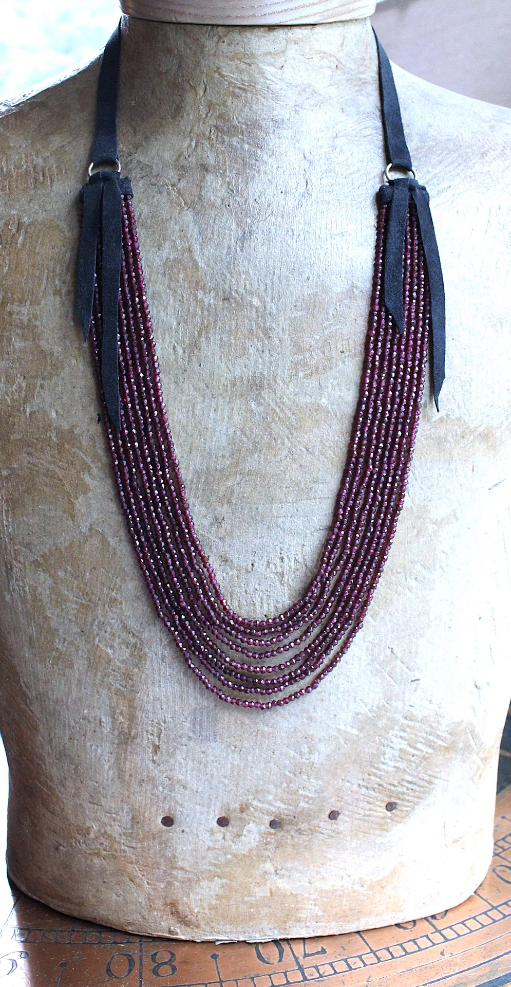 SOLD to J  8 Strand Tiny Faceted Dark Pink Tourmaline Gemstone Bead Necklace with Butter Soft Black Suede Leather Ties and Caps