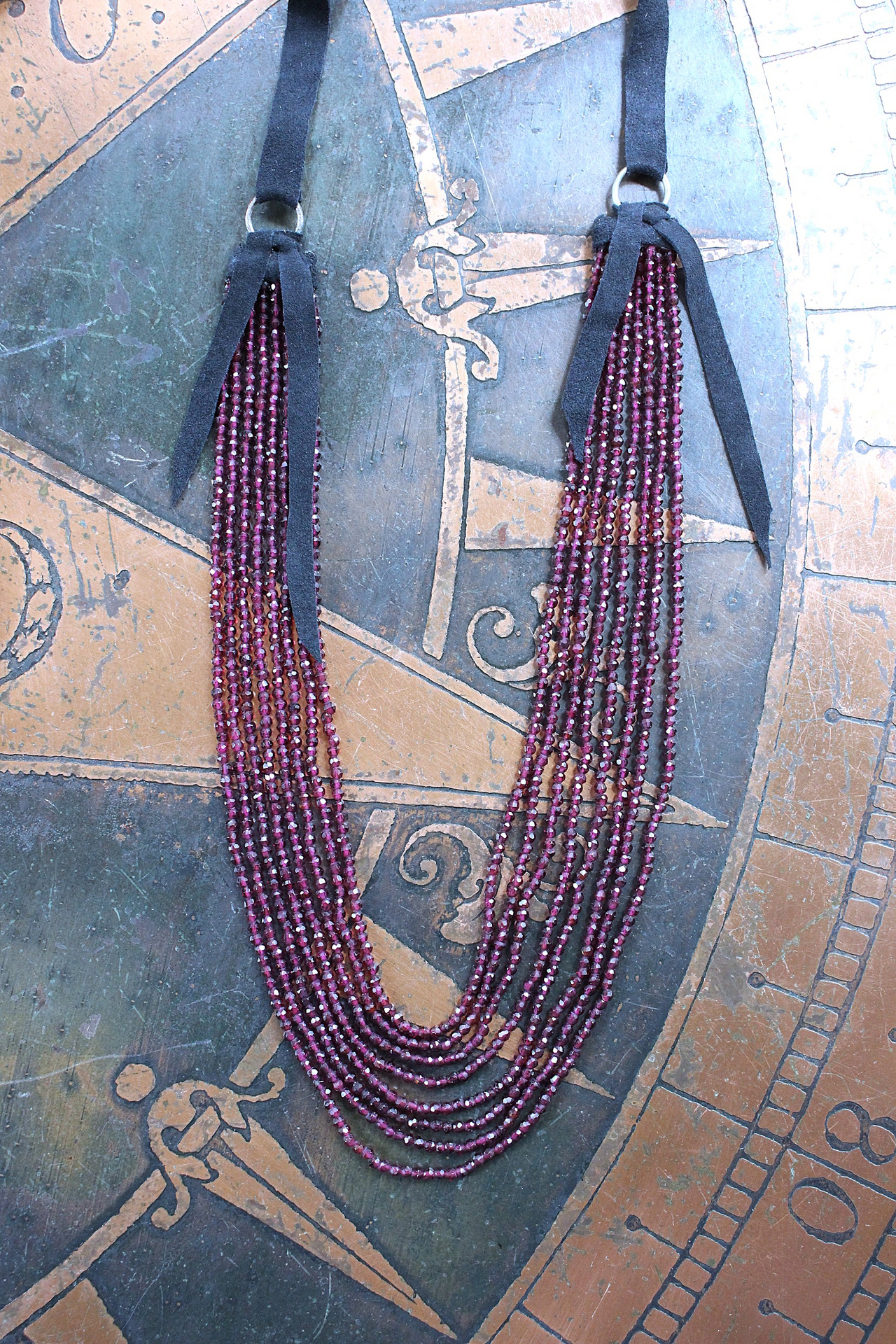 SOLD to J  8 Strand Tiny Faceted Dark Pink Tourmaline Gemstone Bead Necklace with Butter Soft Black Suede Leather Ties and Caps