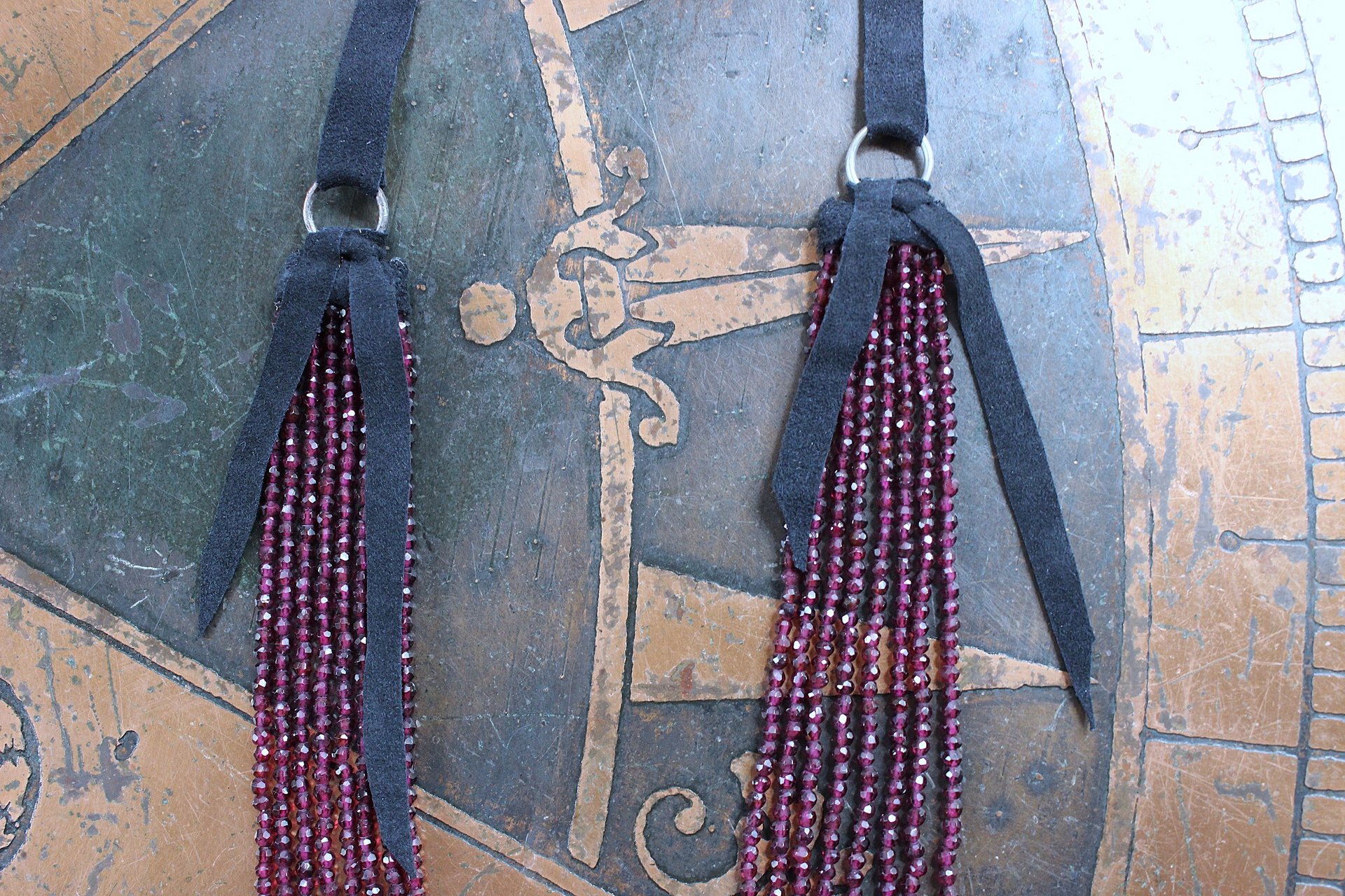 SOLD to J  8 Strand Tiny Faceted Dark Pink Tourmaline Gemstone Bead Necklace with Butter Soft Black Suede Leather Ties and Caps