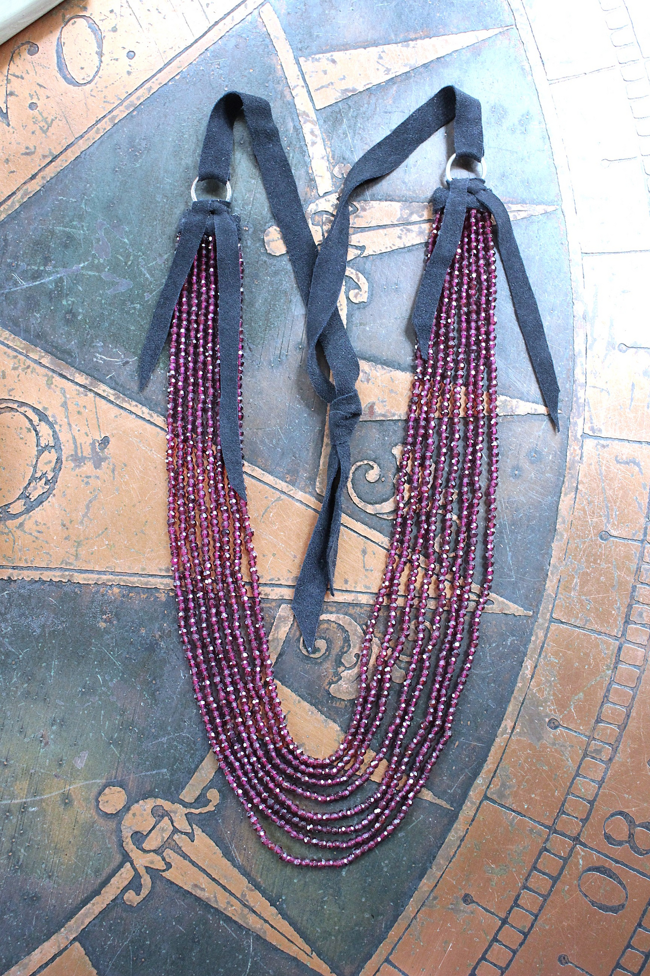 SOLD to J  8 Strand Tiny Faceted Dark Pink Tourmaline Gemstone Bead Necklace with Butter Soft Black Suede Leather Ties and Caps