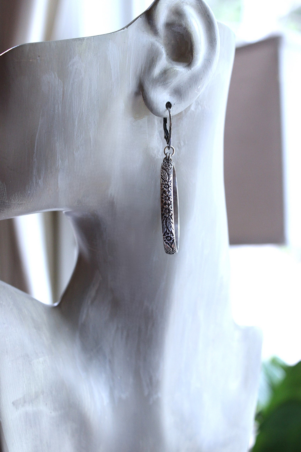 NEW! Solid Sterling Embossed Hoop Earrings with Sterling Euro Leverback Earring Wires