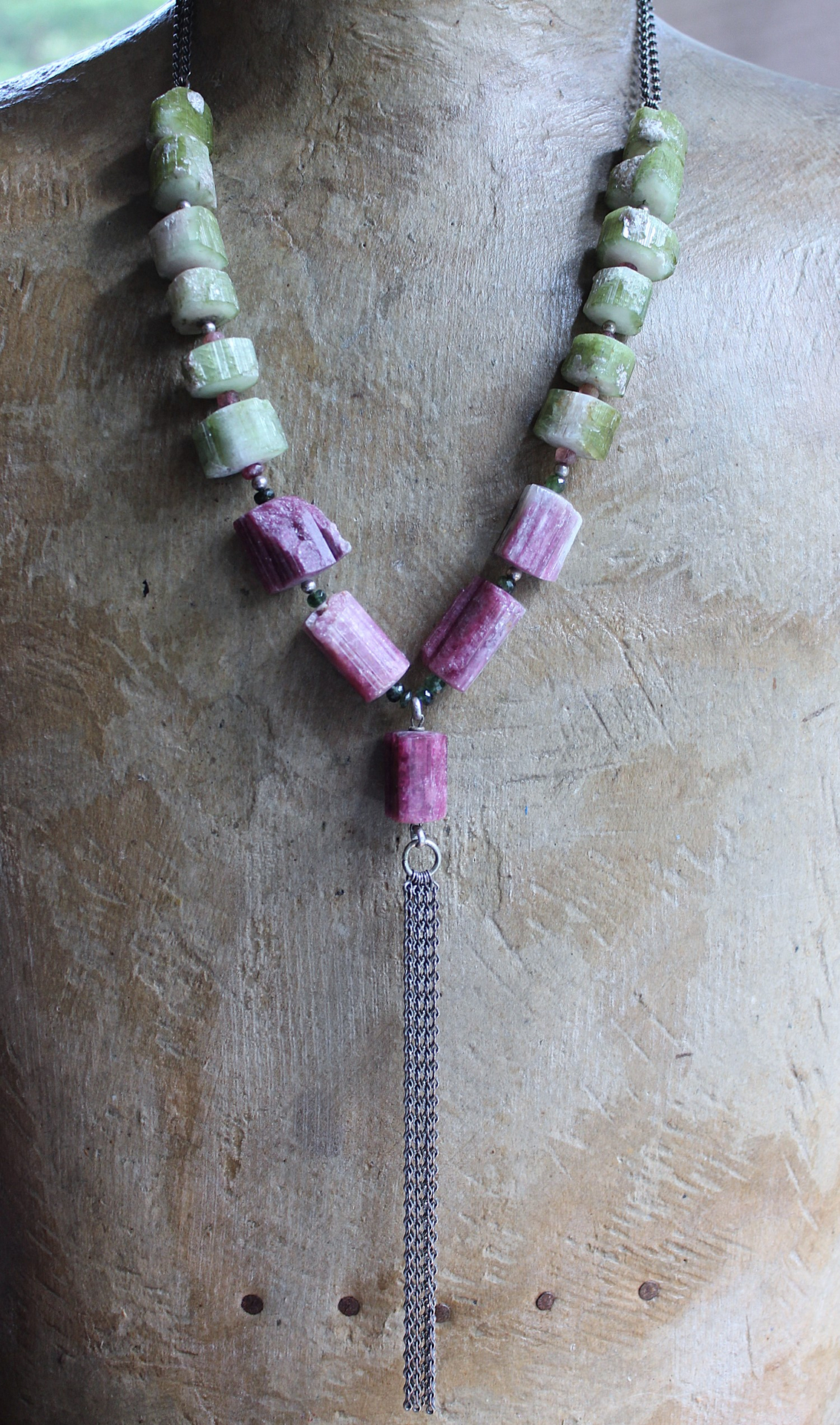 ON HOLD FOR J Rare Barrel Cut Green and Pink Tourmaline Necklace w/Faceted Tourmaline Rondelles, Sterling Beads, Sterling Tassel & Chain