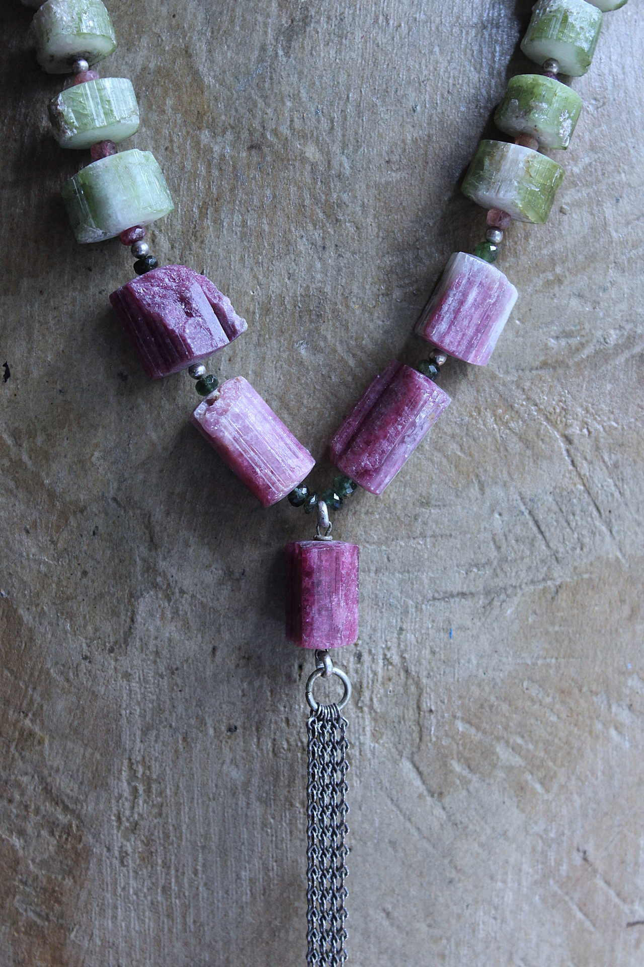 ON HOLD FOR J Rare Barrel Cut Green and Pink Tourmaline Necklace w/Faceted Tourmaline Rondelles, Sterling Beads, Sterling Tassel & Chain