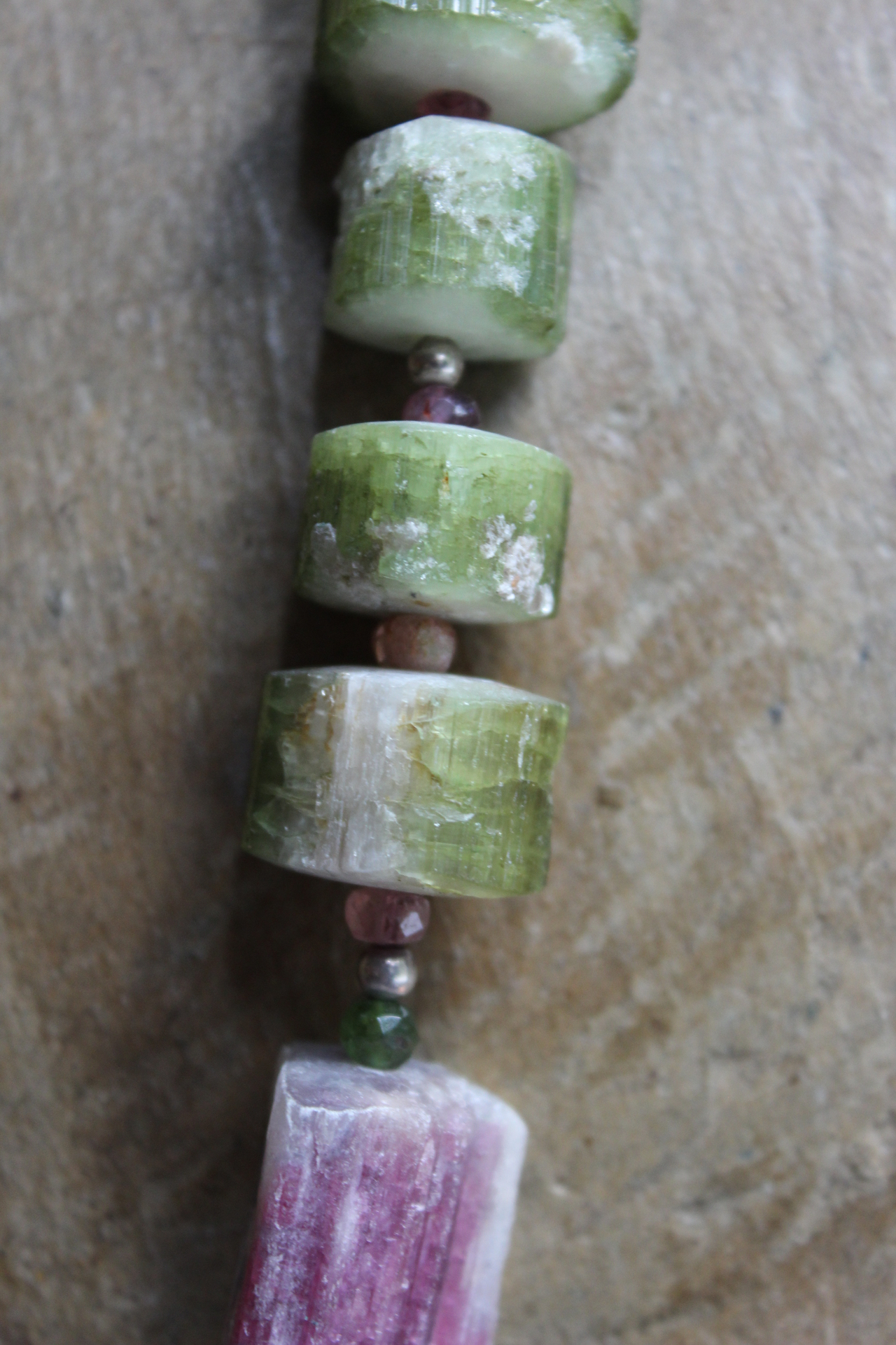 ON HOLD FOR J Rare Barrel Cut Green and Pink Tourmaline Necklace w/Faceted Tourmaline Rondelles, Sterling Beads, Sterling Tassel & Chain