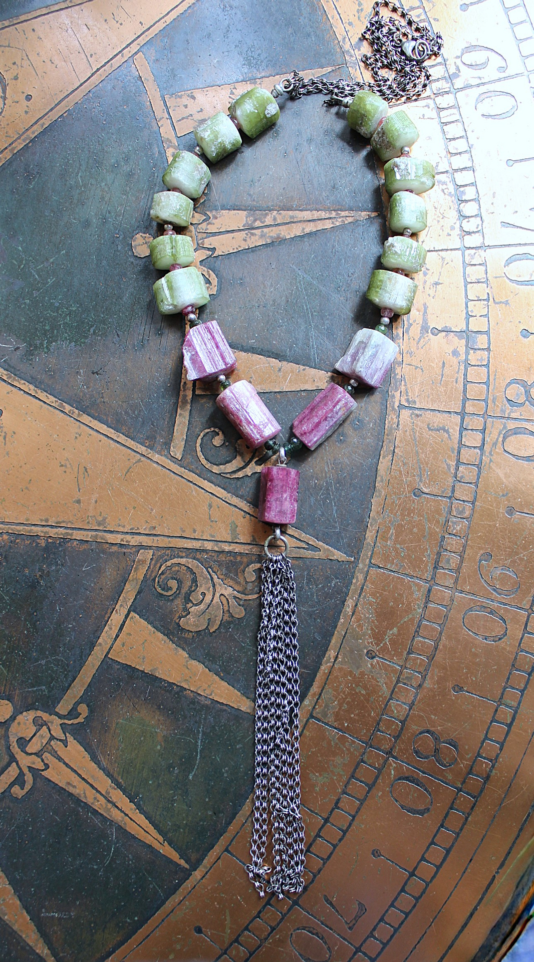 ON HOLD FOR J Rare Barrel Cut Green and Pink Tourmaline Necklace w/Faceted Tourmaline Rondelles, Sterling Beads, Sterling Tassel & Chain