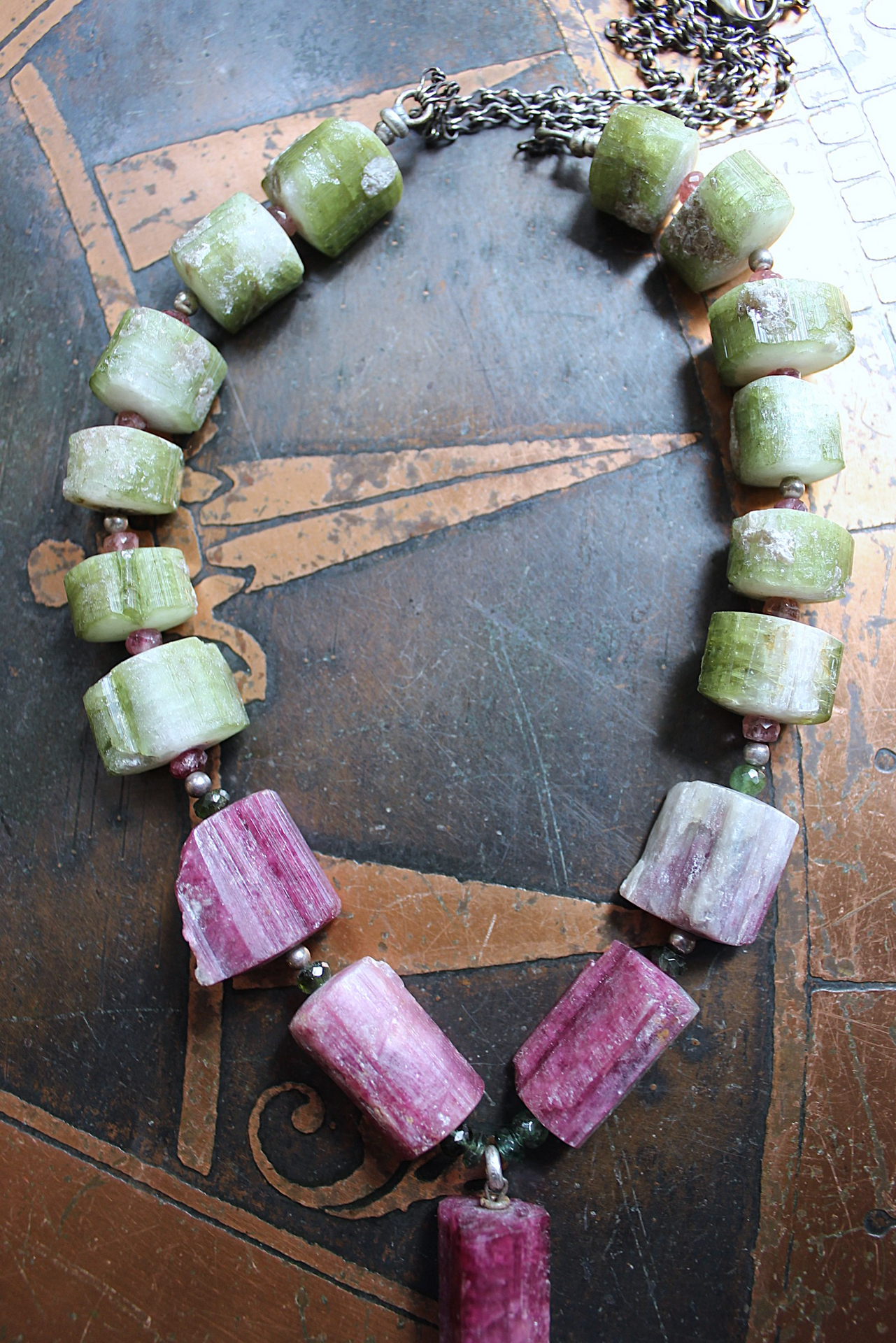 ON HOLD FOR J Rare Barrel Cut Green and Pink Tourmaline Necklace w/Faceted Tourmaline Rondelles, Sterling Beads, Sterling Tassel & Chain