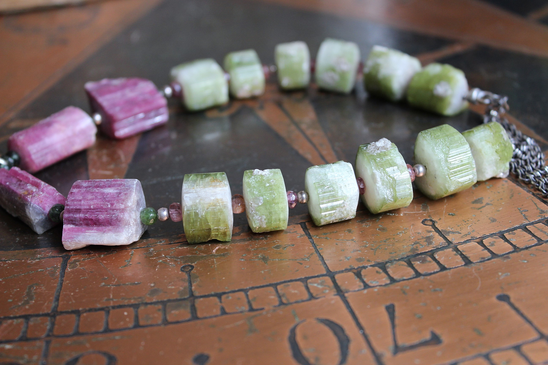 ON HOLD FOR J Rare Barrel Cut Green and Pink Tourmaline Necklace w/Faceted Tourmaline Rondelles, Sterling Beads, Sterling Tassel & Chain