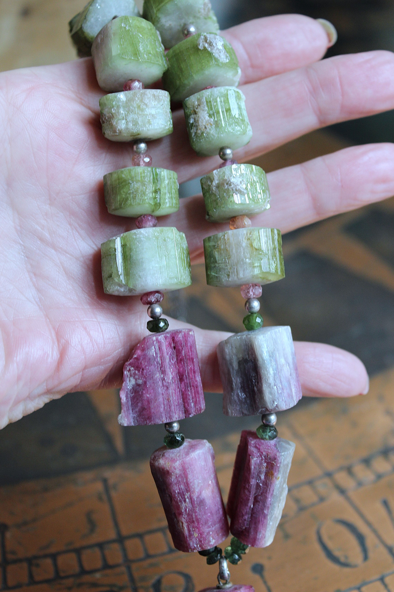 ON HOLD FOR J Rare Barrel Cut Green and Pink Tourmaline Necklace w/Faceted Tourmaline Rondelles, Sterling Beads, Sterling Tassel & Chain