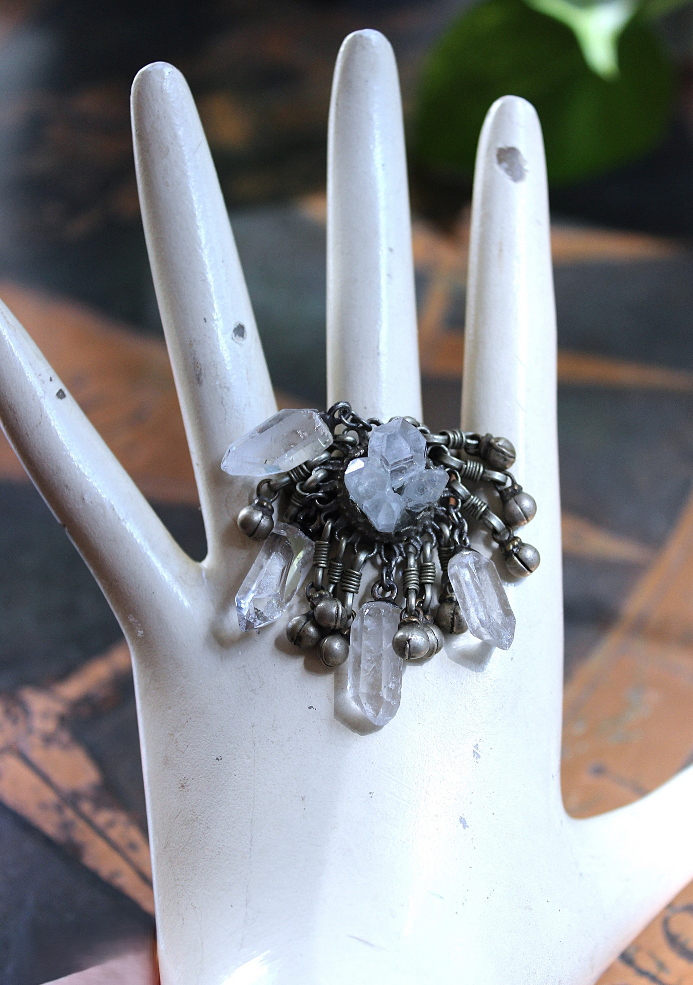 NEW! Unique Antique Kuchi Gypsy Ring with Clear Rock Quartz Points - size 9