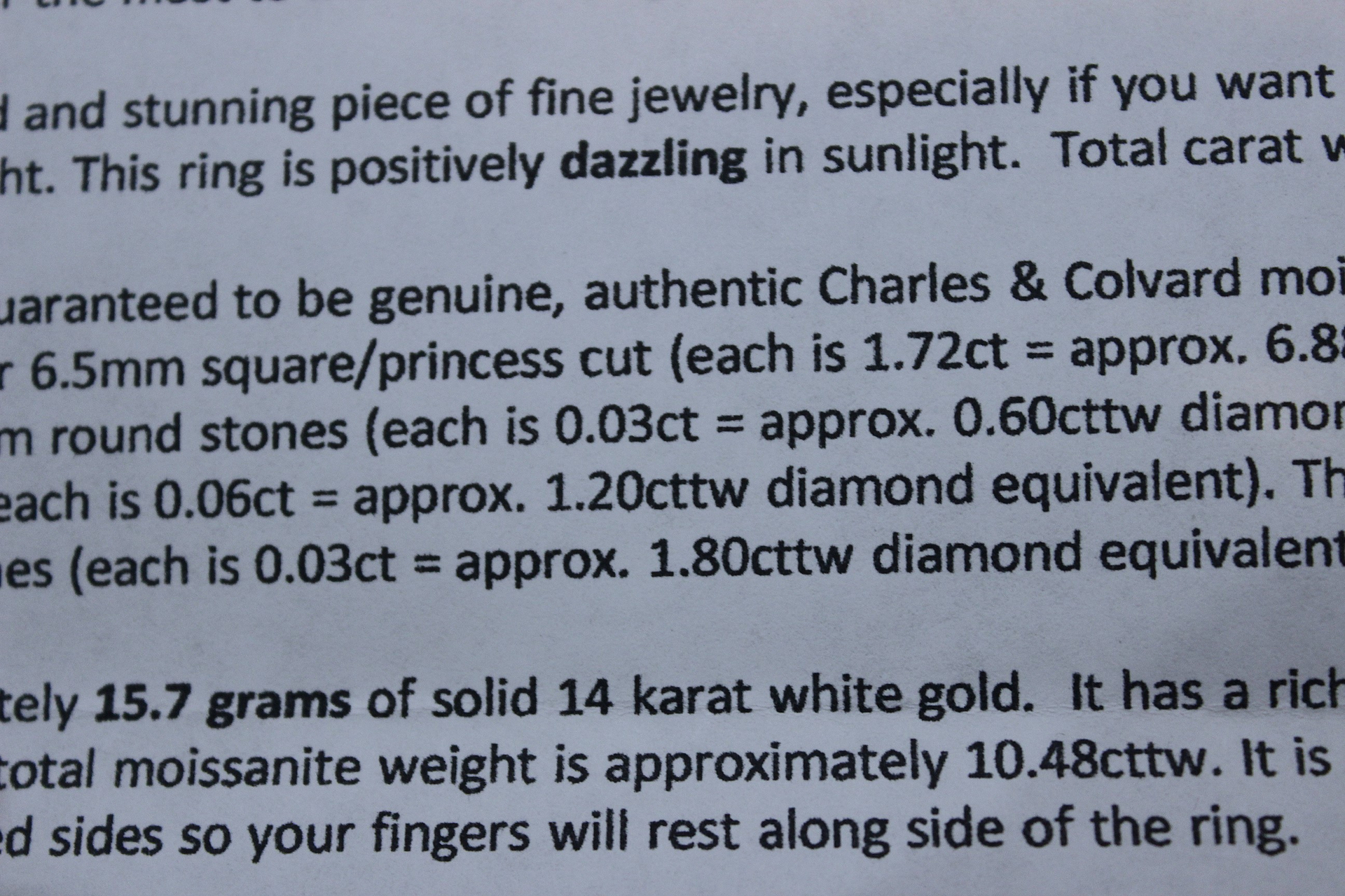 NEW! Custom Made One of a Kind 14 White Gold Certified Charles and Colvard 10.48 Carat Moissanite Ring