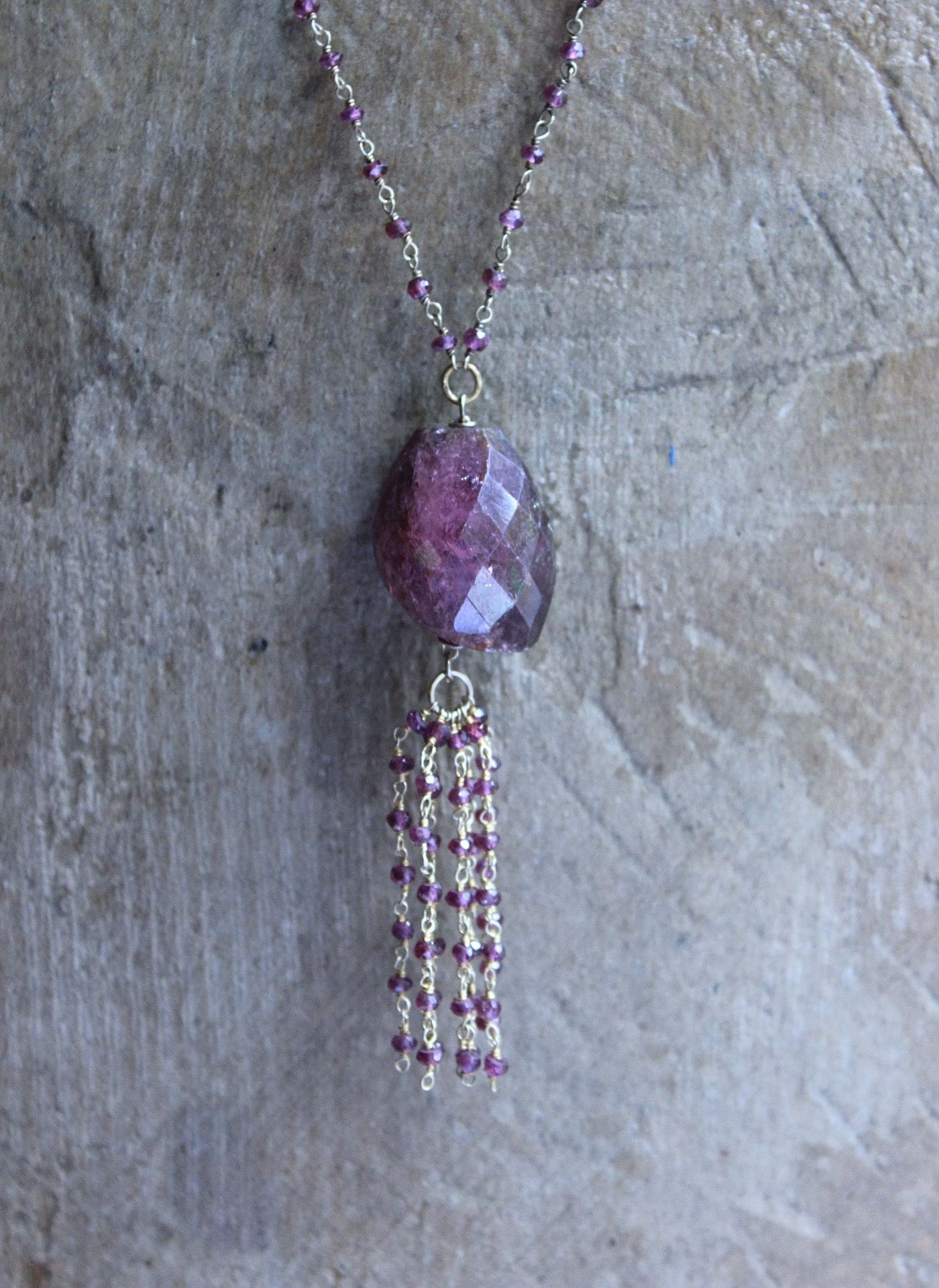 NEW! Large Checkerboard Faceted Deep Pink Tourmaline Gemstone Necklace with 14K Gold Filled Pink Tourmaline Tassel & Chain