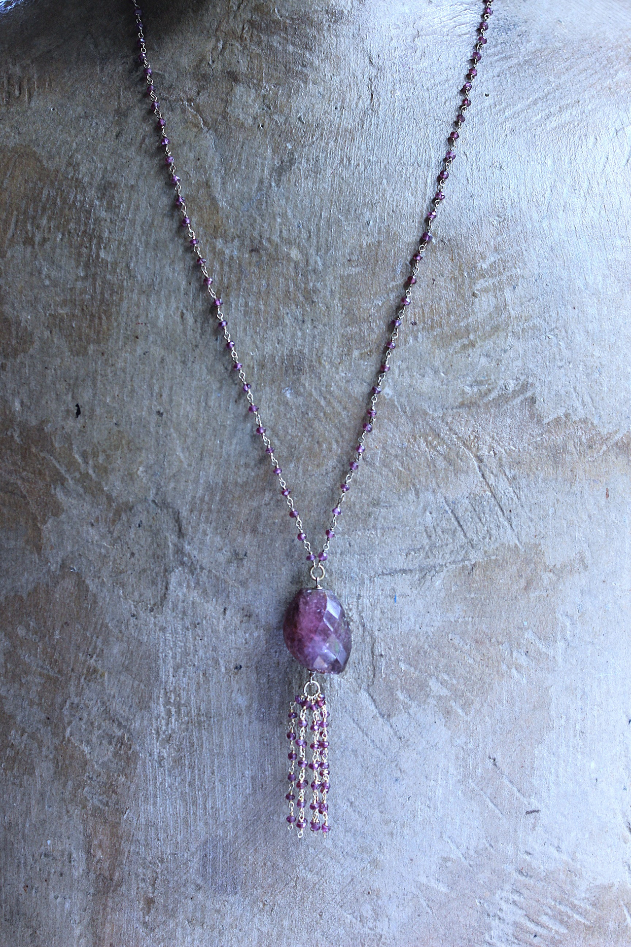 NEW! Large Checkerboard Faceted Deep Pink Tourmaline Gemstone Necklace with 14K Gold Filled Pink Tourmaline Tassel & Chain