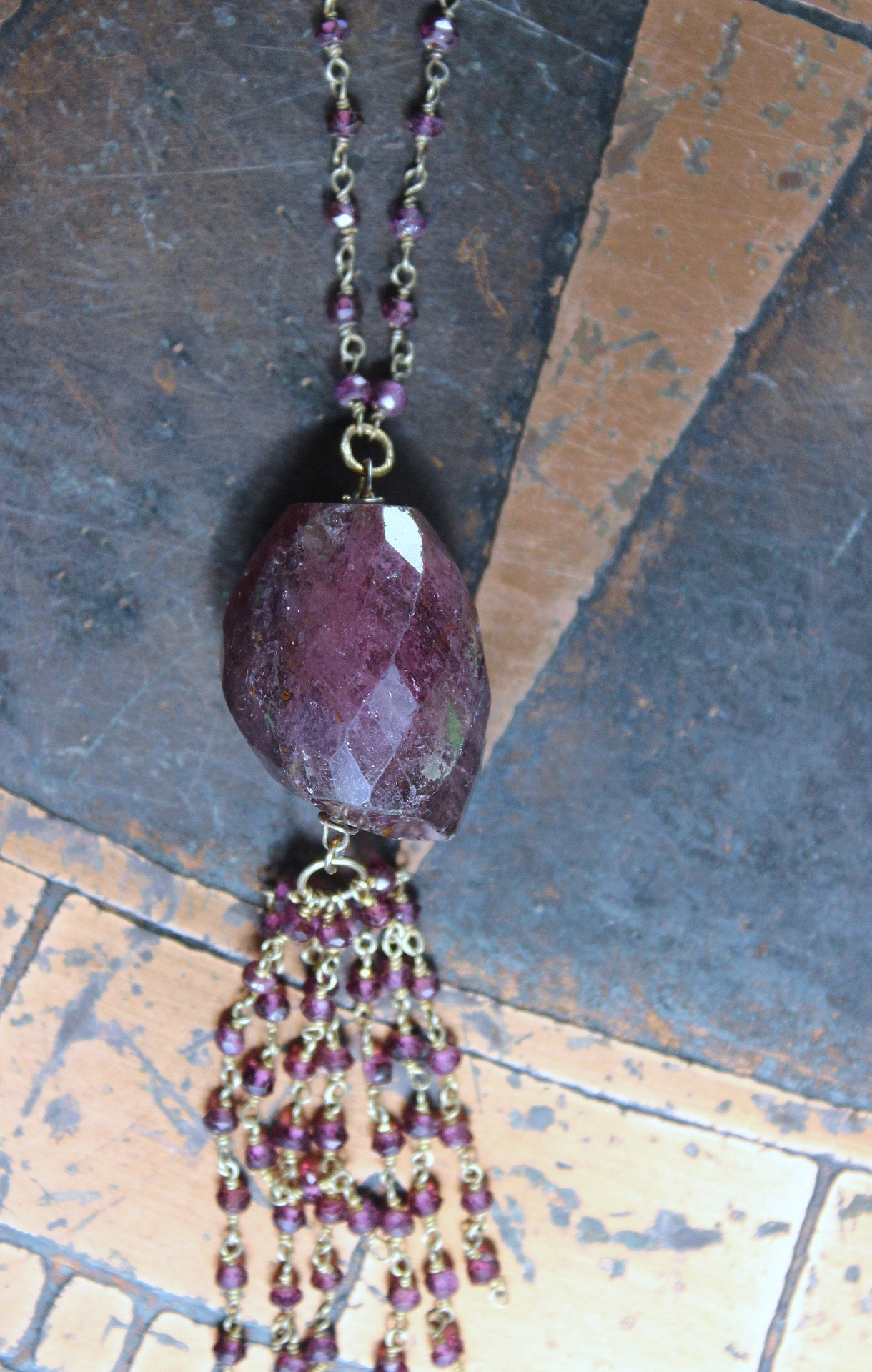 NEW! Large Checkerboard Faceted Deep Pink Tourmaline Gemstone Necklace with 14K Gold Filled Pink Tourmaline Tassel & Chain