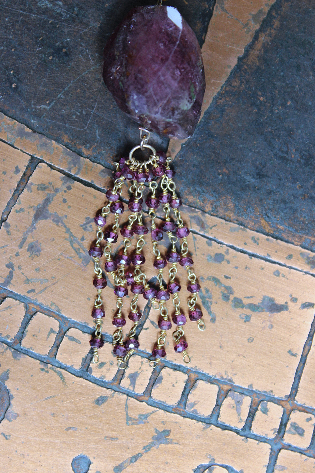 NEW! Large Checkerboard Faceted Deep Pink Tourmaline Gemstone Necklace with 14K Gold Filled Pink Tourmaline Tassel & Chain