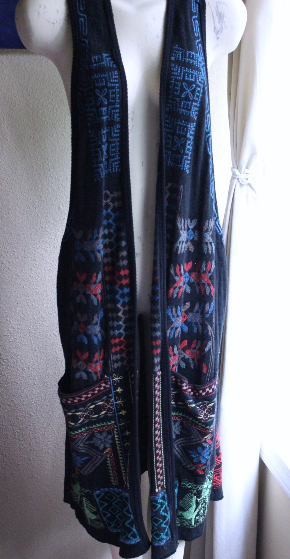 Vintage Biya by Johnny Was Long Embroidered Open Front Vest with Front Pockets