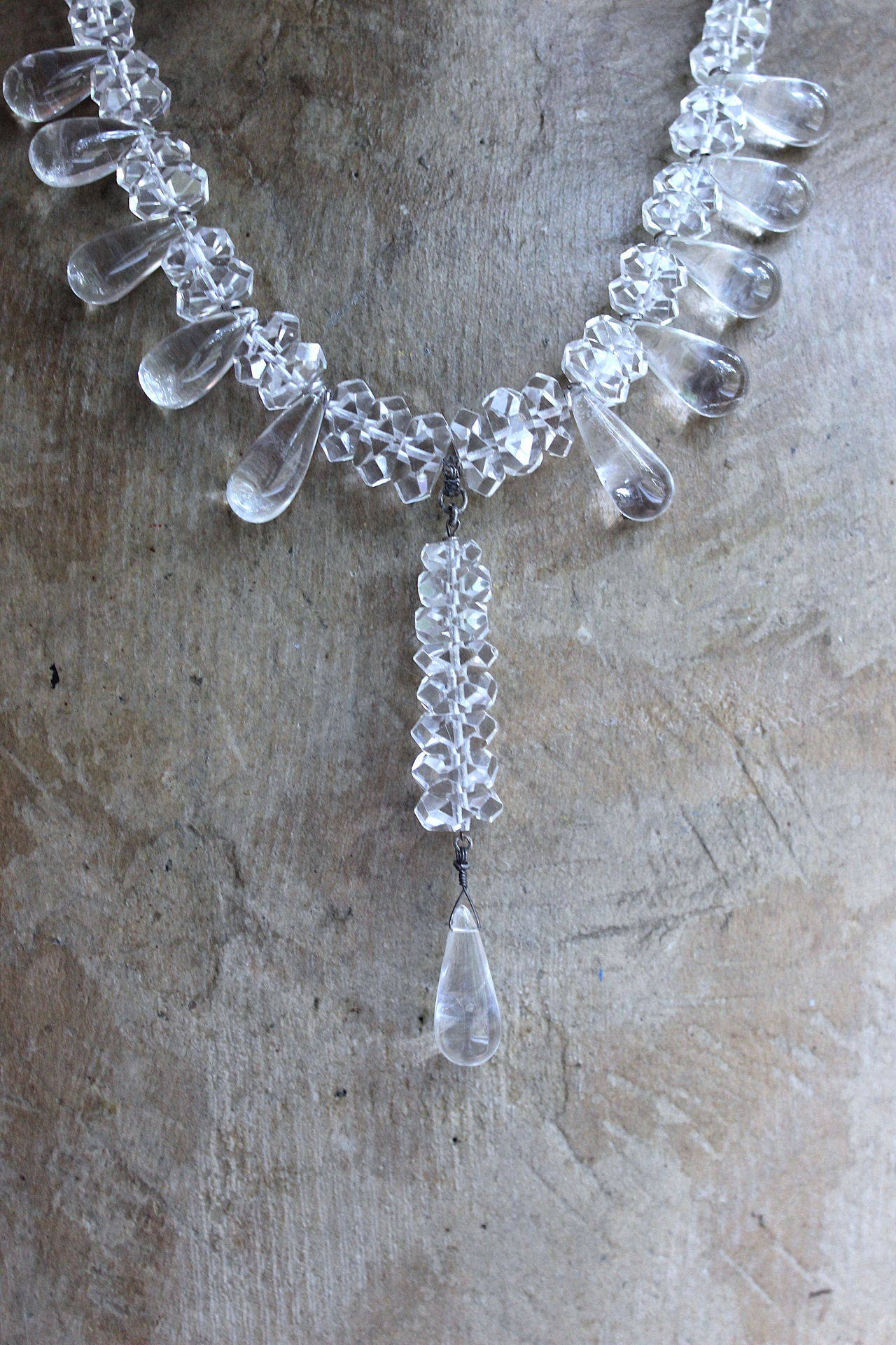 When you Can't Find the Words Necklace with Polished Clear Rock Quartz Tear Drops, Faceted Rock Quartz Crystal Beads, Sterling Chain