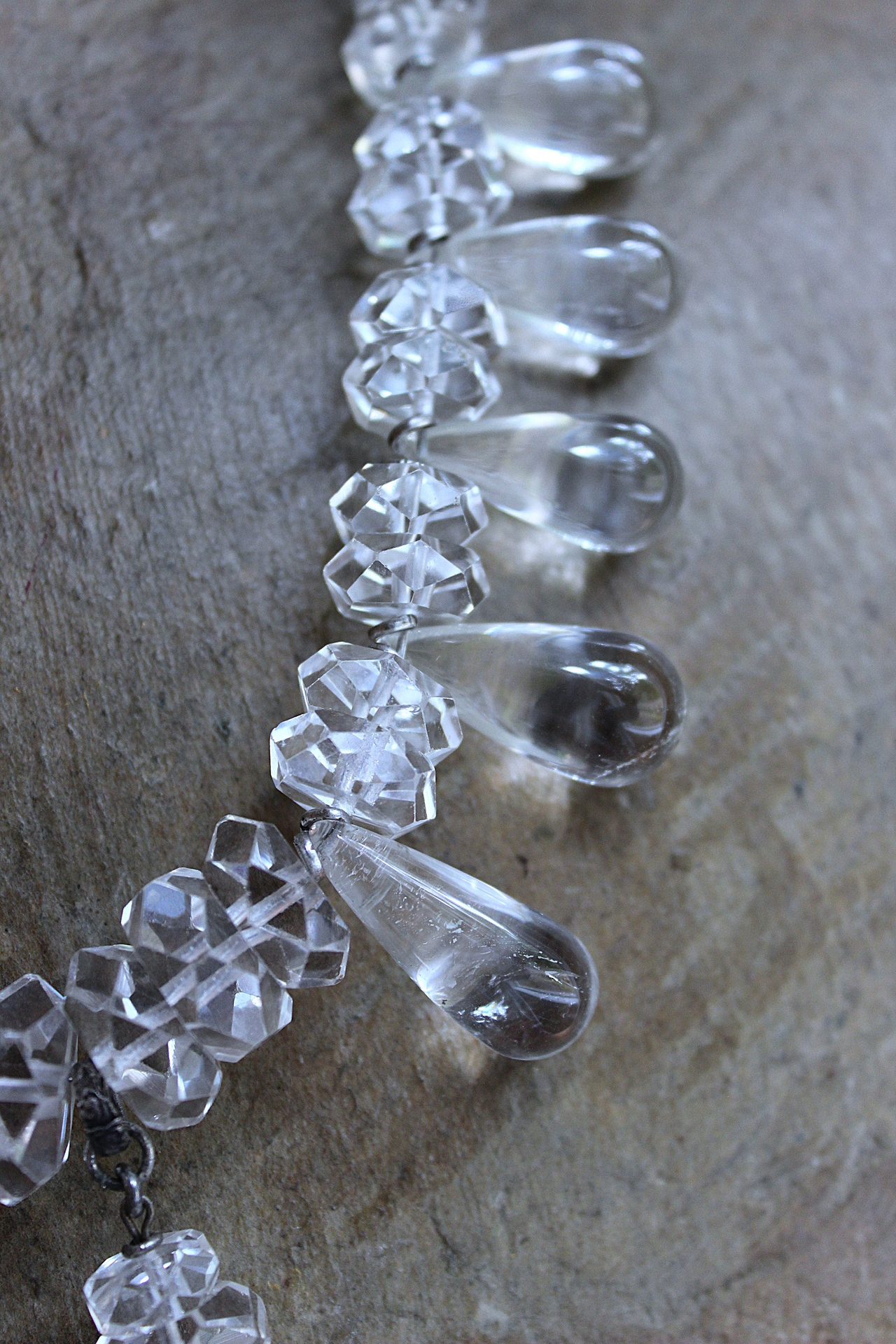 When you Can't Find the Words Necklace with Polished Clear Rock Quartz Tear Drops, Faceted Rock Quartz Crystal Beads, Sterling Chain