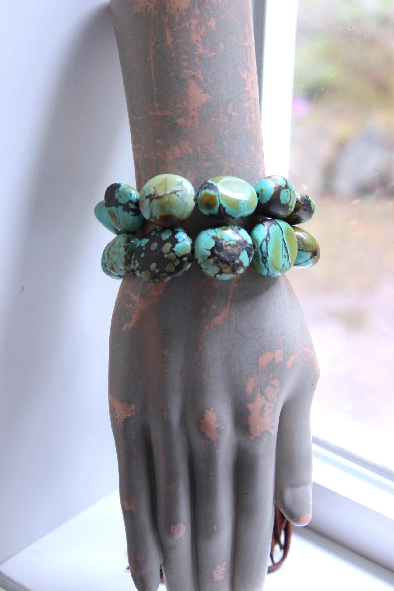 NEW! Stacking Rare High Grade Royston Turquoise Stone Bracelets with Solid Sterling Cross and Premium Butter Soft Leather Tassel