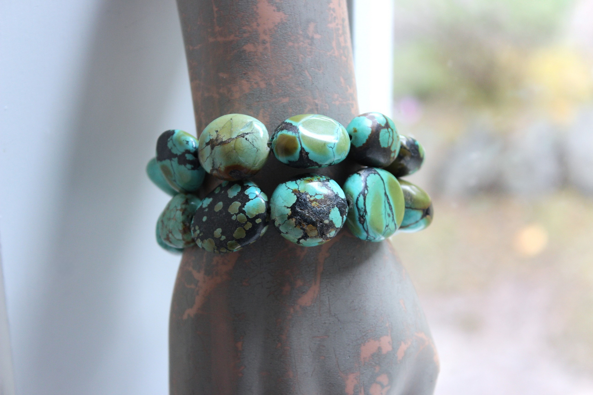 NEW! Stacking Rare High Grade Royston Turquoise Stone Bracelets with Solid Sterling Cross and Premium Butter Soft Leather Tassel