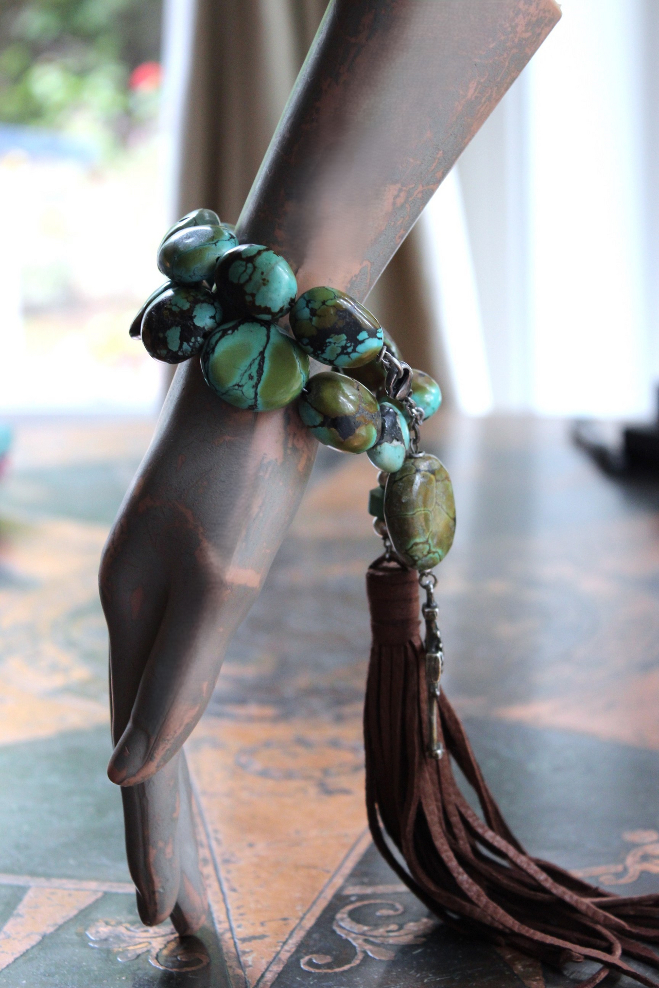 NEW! Stacking Rare High Grade Royston Turquoise Stone Bracelets with Solid Sterling Cross and Premium Butter Soft Leather Tassel