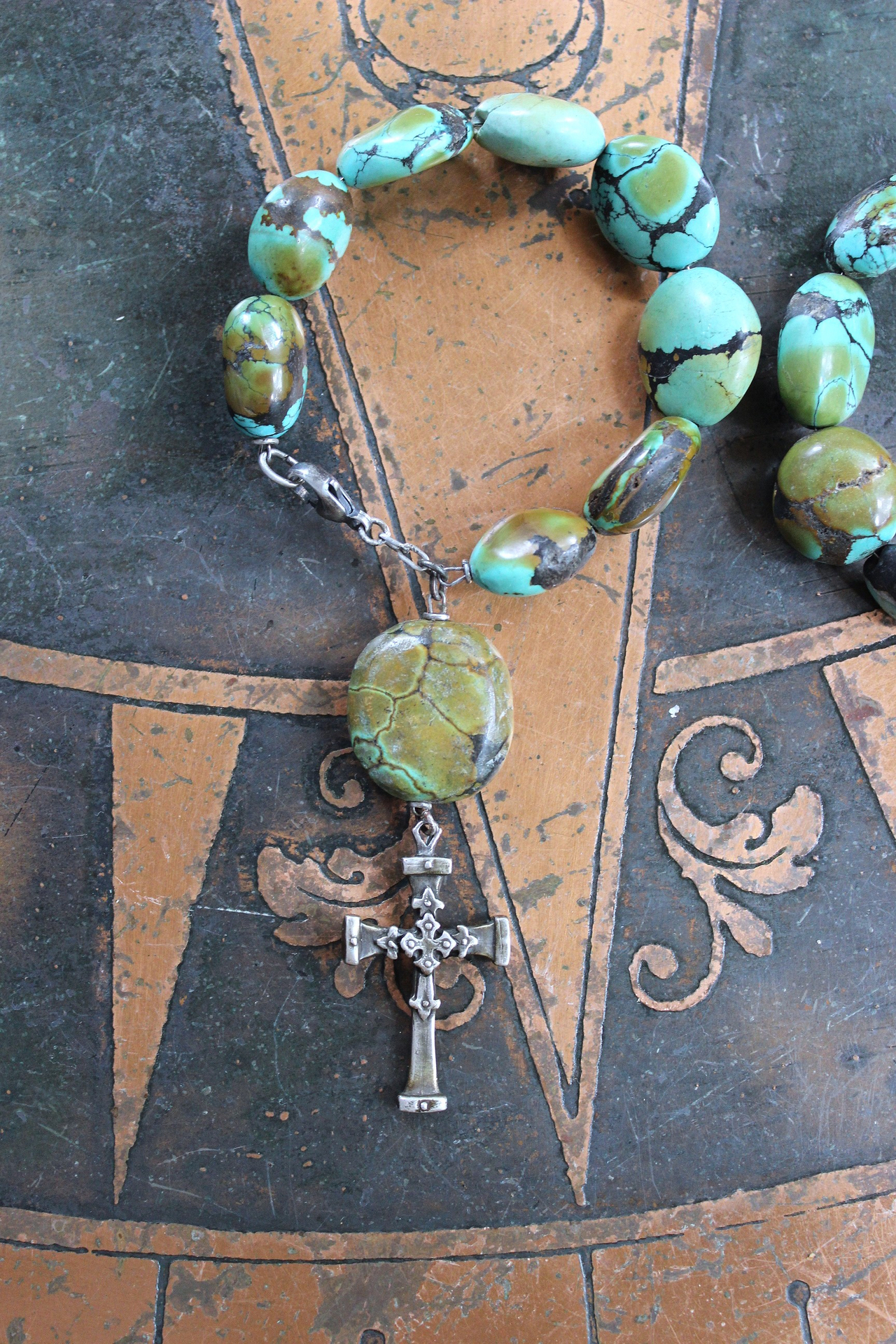 NEW! Stacking Rare High Grade Royston Turquoise Stone Bracelets with Solid Sterling Cross and Premium Butter Soft Leather Tassel