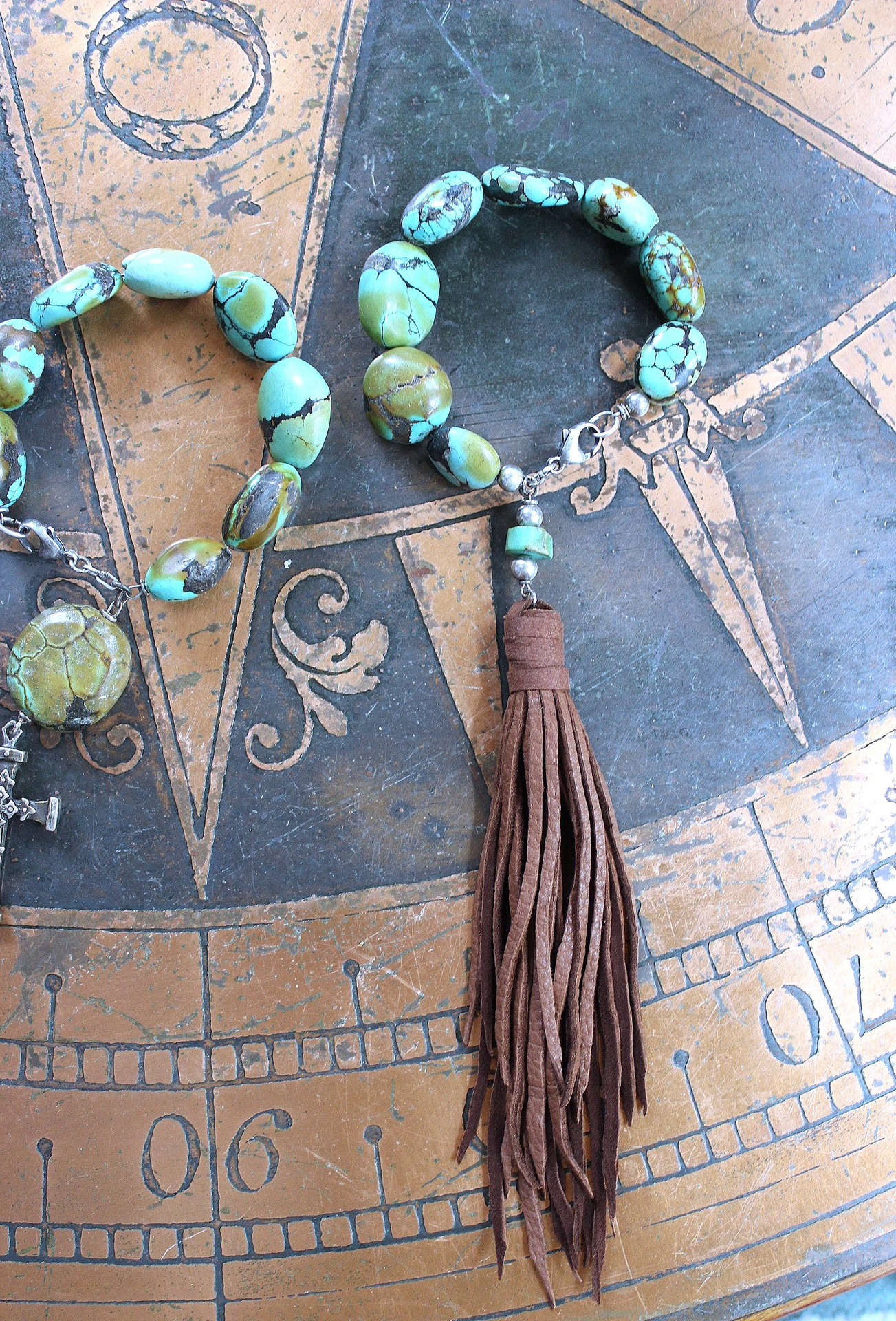 NEW! Stacking Rare High Grade Royston Turquoise Stone Bracelets with Solid Sterling Cross and Premium Butter Soft Leather Tassel