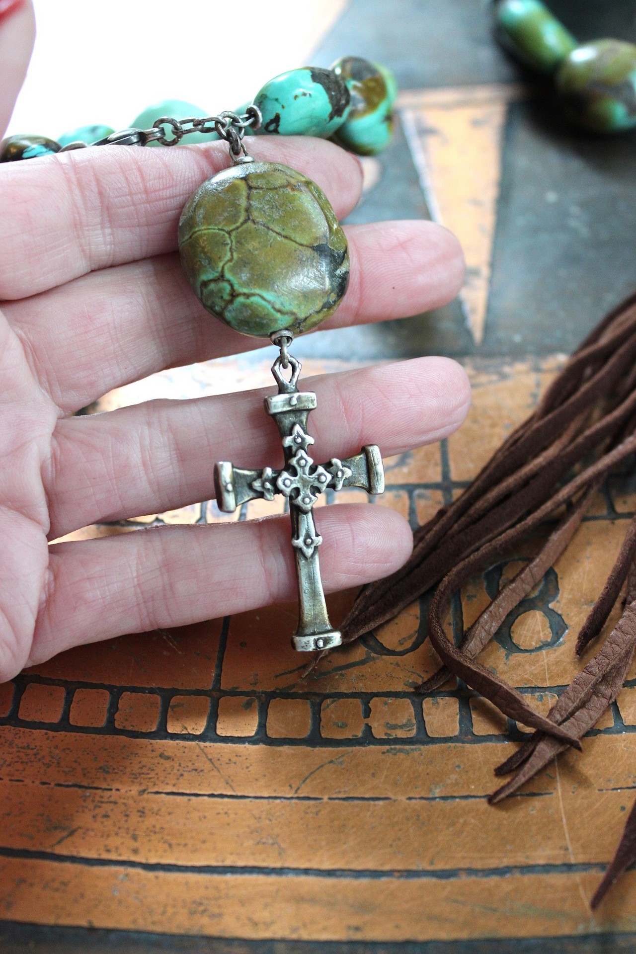 NEW! Stacking Rare High Grade Royston Turquoise Stone Bracelets with Solid Sterling Cross and Premium Butter Soft Leather Tassel