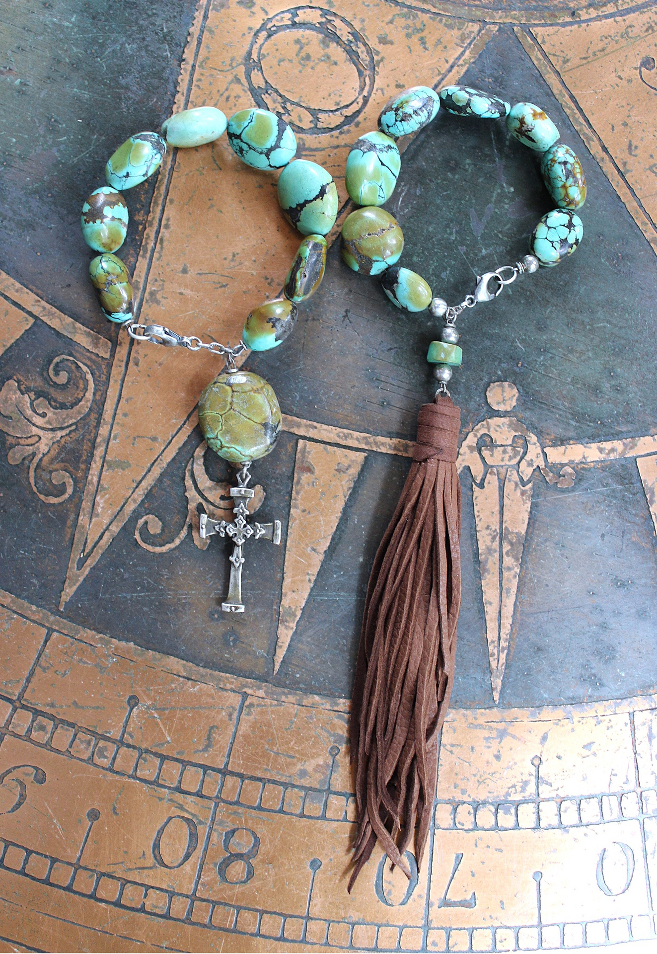 NEW! Stacking Rare High Grade Royston Turquoise Stone Bracelets with Solid Sterling Cross and Premium Butter Soft Leather Tassel