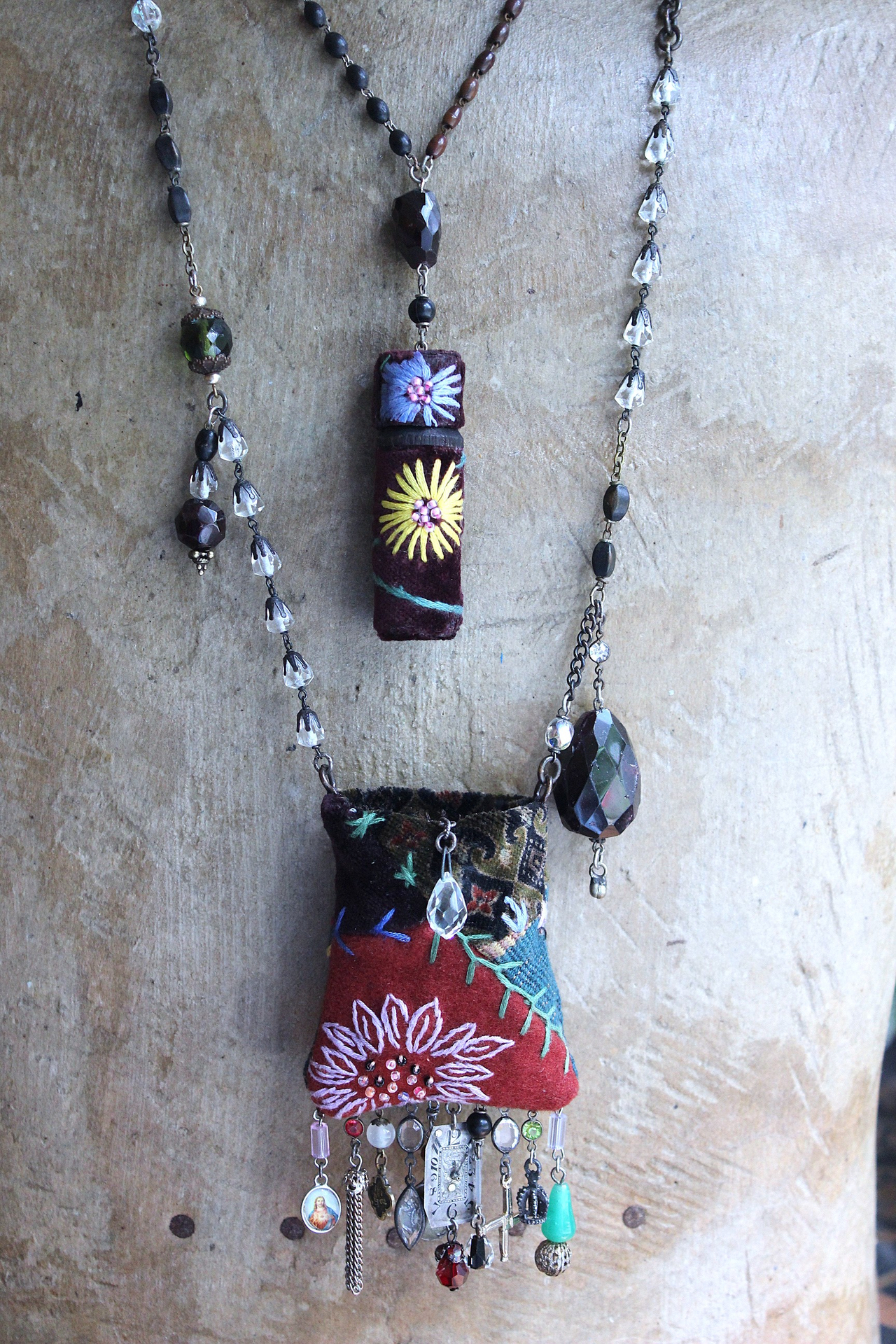 The Past Necklace Set with Antique Crazy Quilt Textile Pouch & Needle Holder, Antique Rosary Fragments,Faceted Garnet & More!