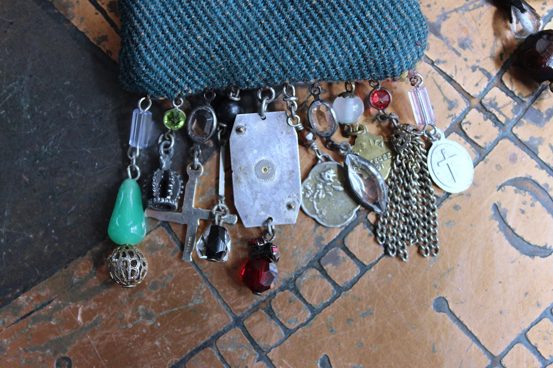 The Past Necklace Set with Antique Crazy Quilt Textile Pouch & Needle Holder, Antique Rosary Fragments,Faceted Garnet & More!