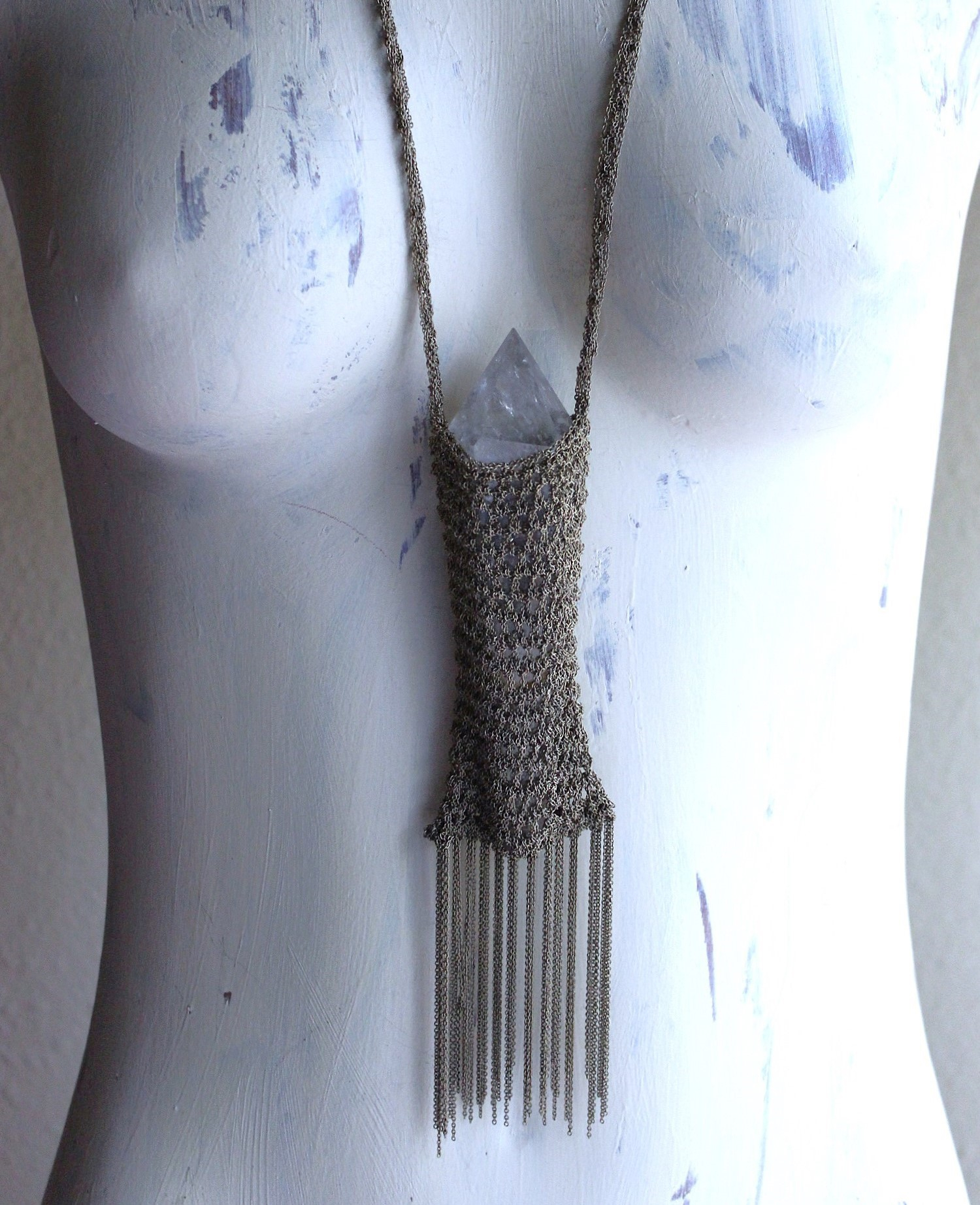 NEW! Love can do That Necklace with Unique Crocheted Chain Pouch & Chain - and Amazing Clear Quartz Spear Point