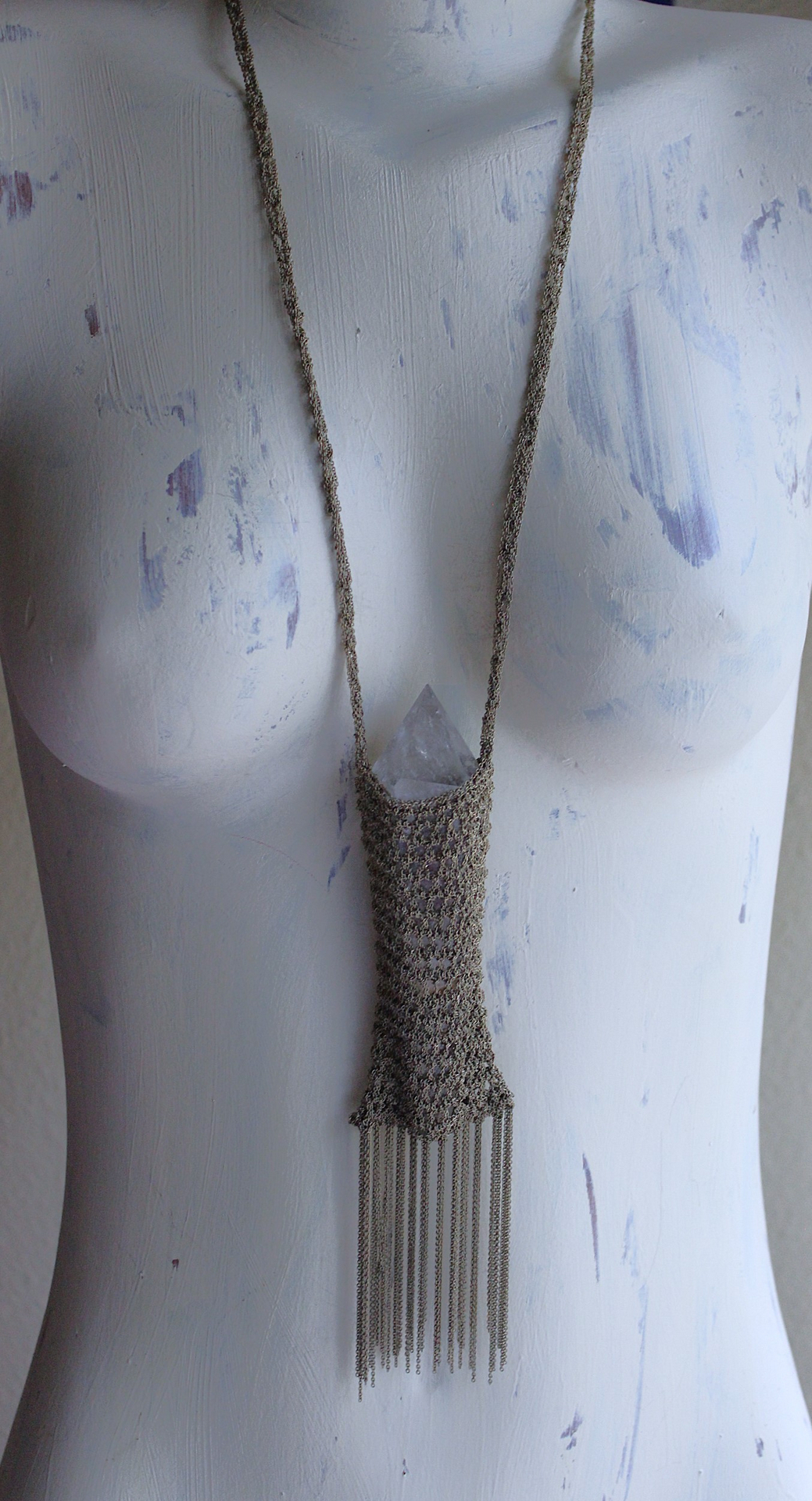 NEW! Love can do That Necklace with Unique Crocheted Chain Pouch & Chain - and Amazing Clear Quartz Spear Point