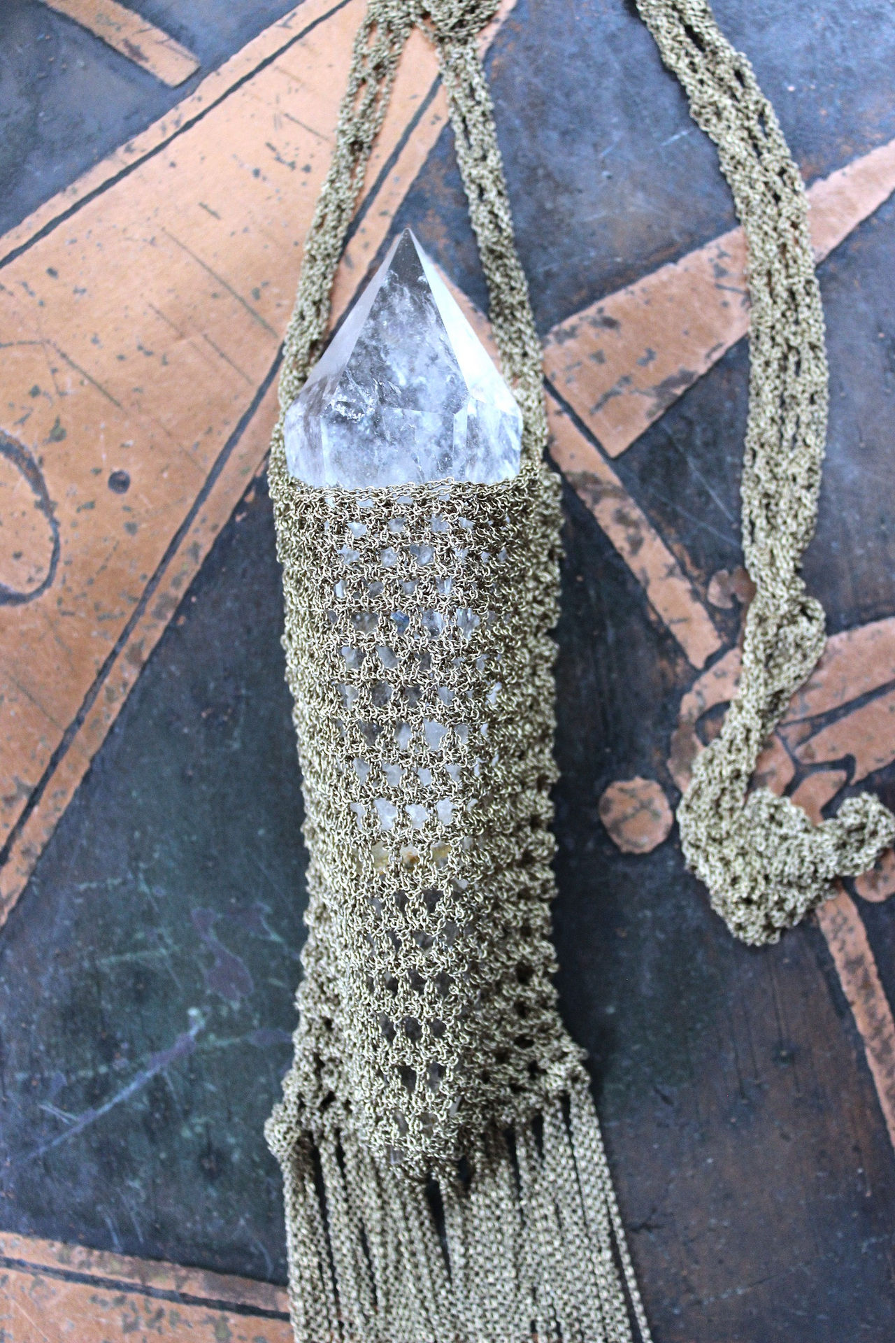 NEW! Love can do That Necklace with Unique Crocheted Chain Pouch & Chain - and Amazing Clear Quartz Spear Point