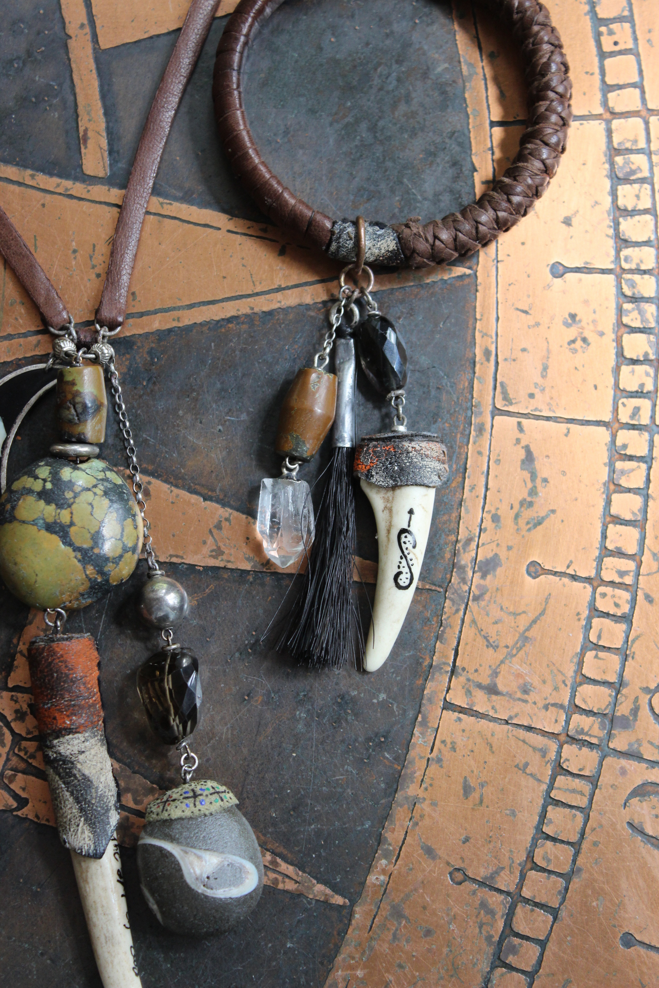 The Art of God Necklace and Bracelet Set with Uniquely Capped Elk Antler Points, Royston Turquoise, Rare Spiral Shell Fossil,Faceted Smoky Quartz & More!