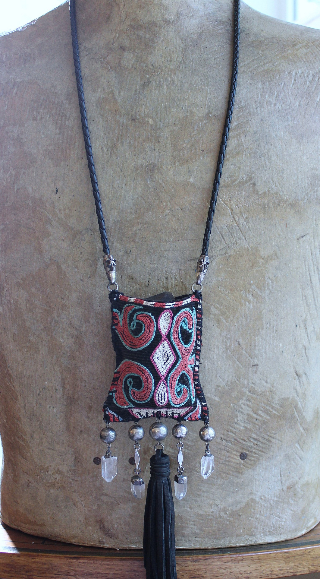 Antique Embroidered Textile Pouch Necklace with One of a Kind Clear Rock Quartz Stone,Antique Sterling Beads,Silver Capped Clear Quartz Points