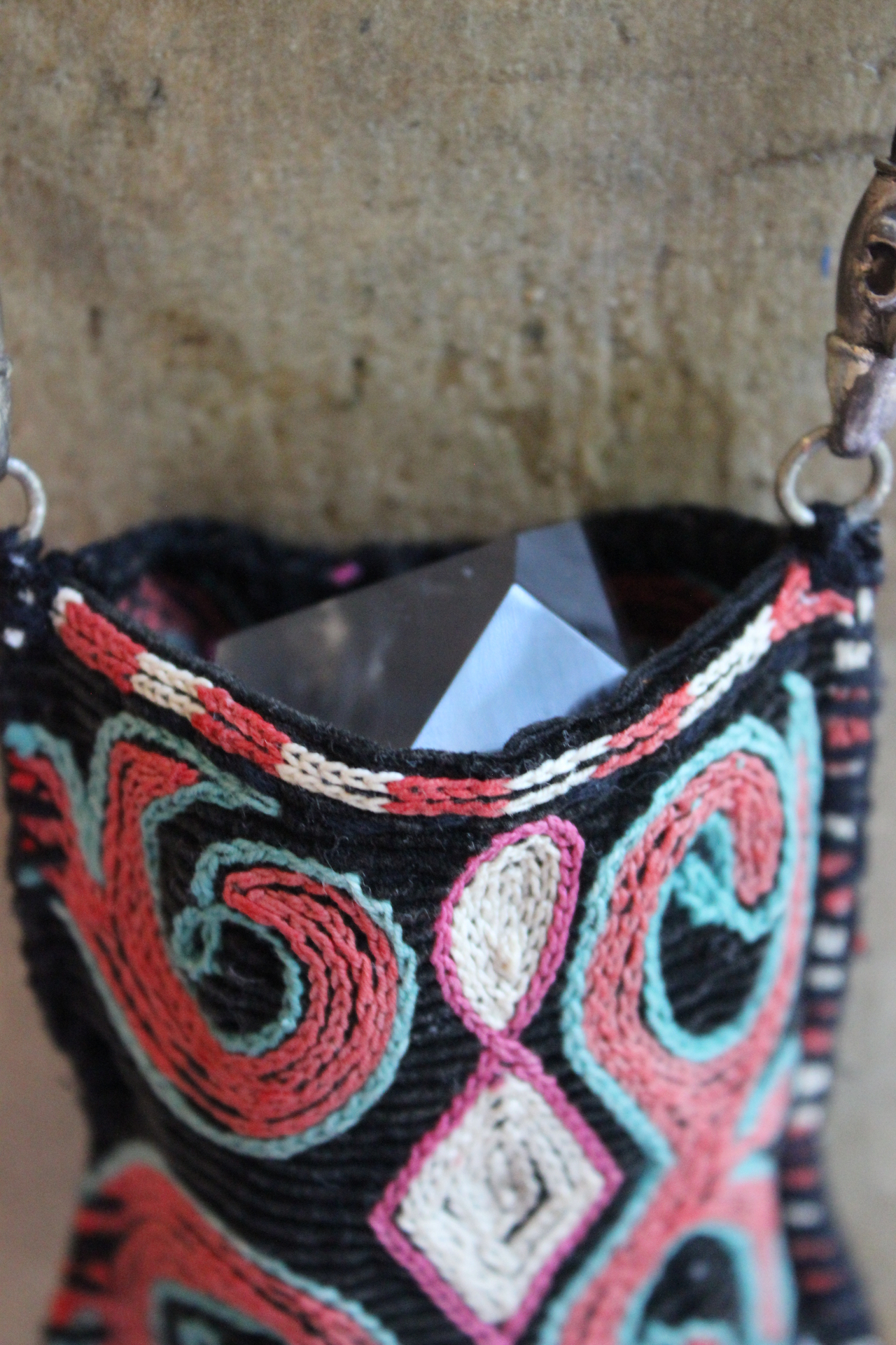 Antique Embroidered Textile Pouch Necklace with One of a Kind Clear Rock Quartz Stone,Antique Sterling Beads,Silver Capped Clear Quartz Points