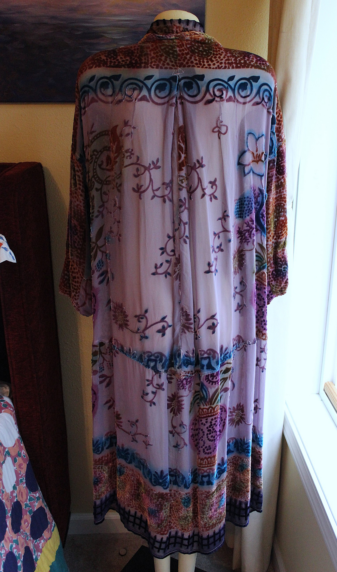 RARE Vintage Hand Dyed Silk Velvet URU Duster with Shawl Collar, Patch Pockets