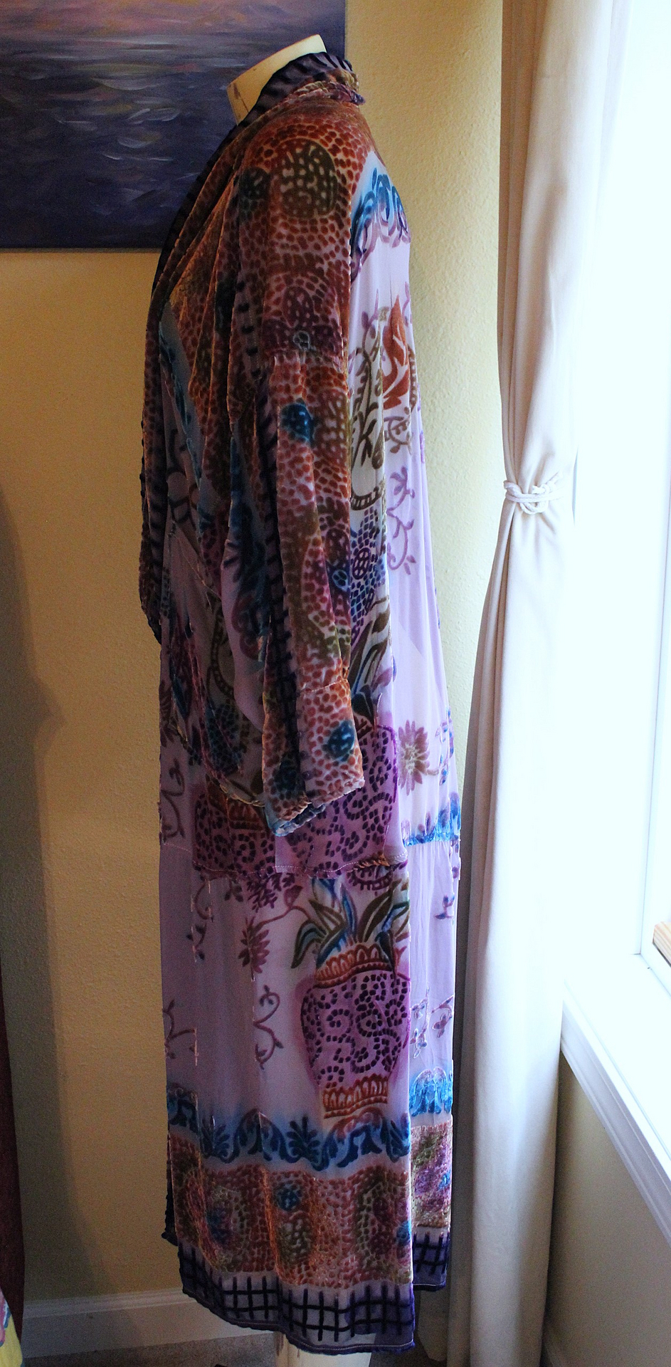 RARE Vintage Hand Dyed Silk Velvet URU Duster with Shawl Collar, Patch Pockets