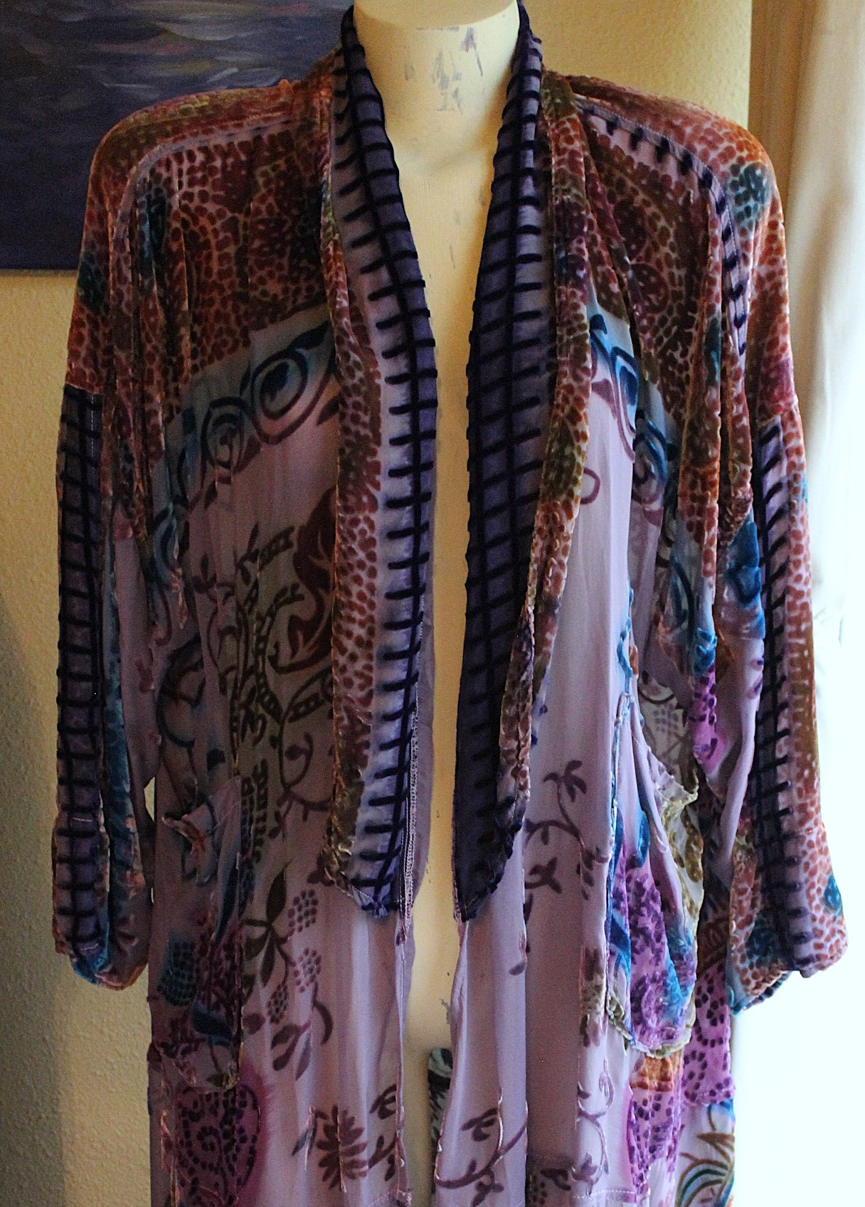 RARE Vintage Hand Dyed Silk Velvet URU Duster with Shawl Collar, Patch Pockets