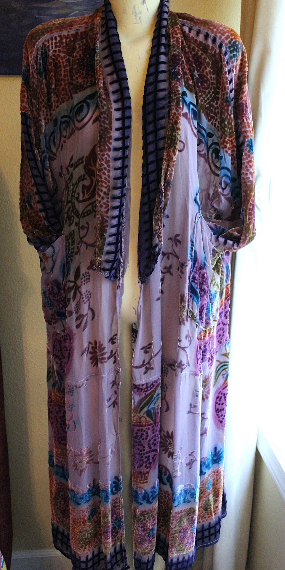RARE Vintage Hand Dyed Silk Velvet URU Duster with Shawl Collar, Patch Pockets